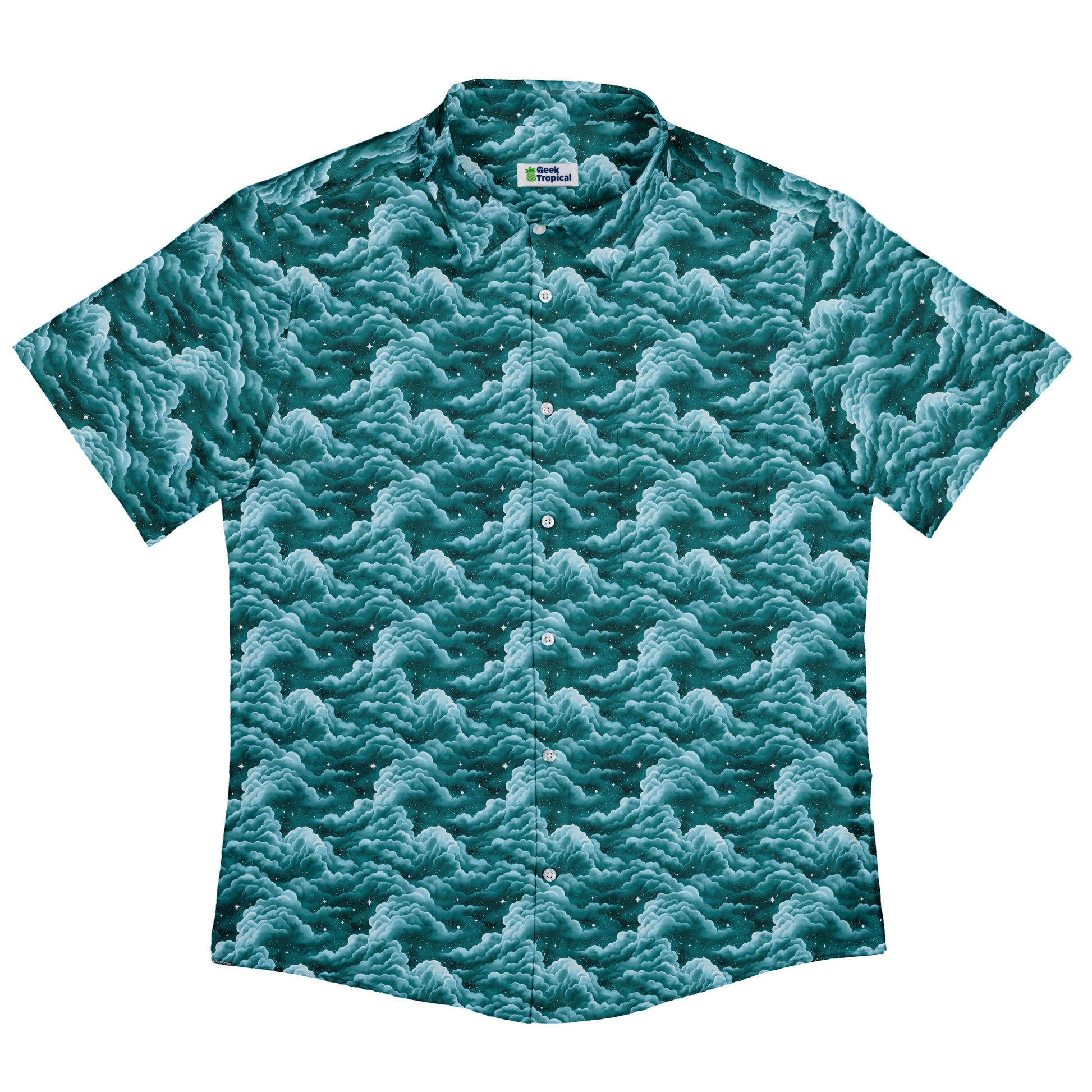 Painted Night Clouds Teal Button Up Shirt Flat Front