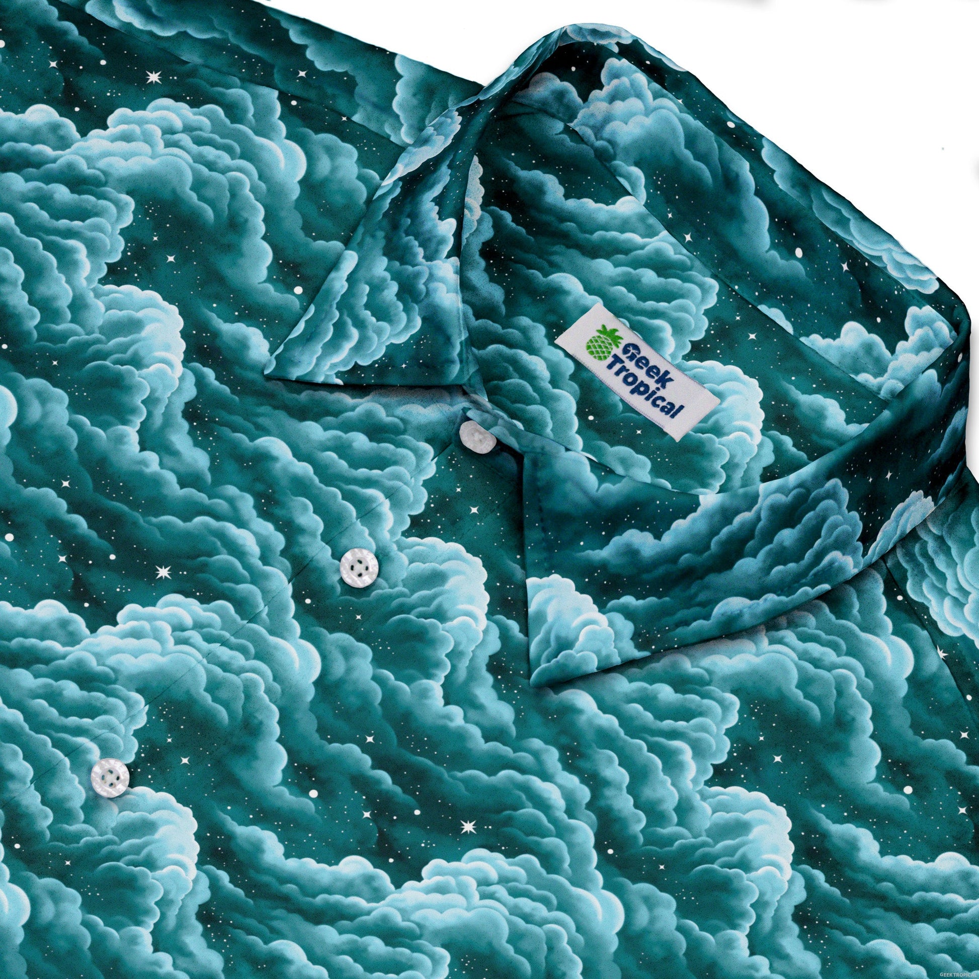Painted Night Clouds Teal Button Up Shirt Neck