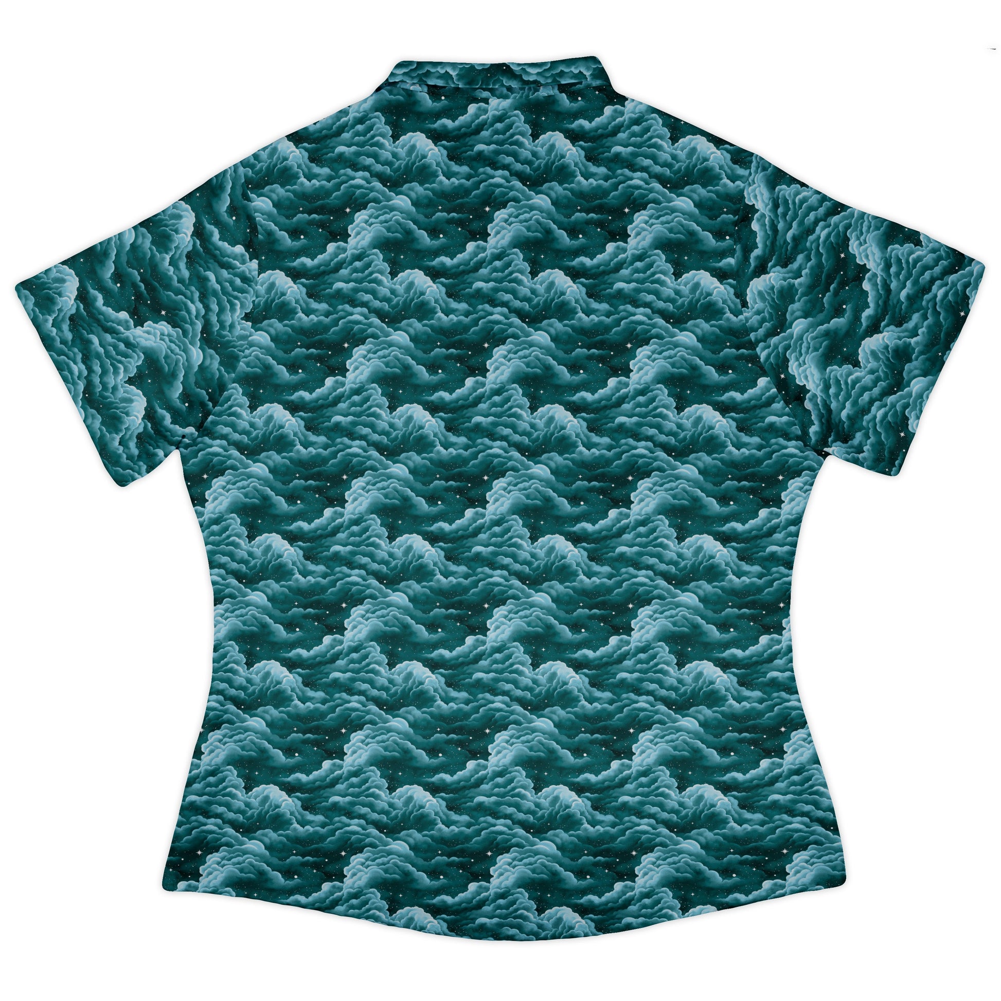 Painted Night Clouds Teal Curvy Button Up Shirt womens back