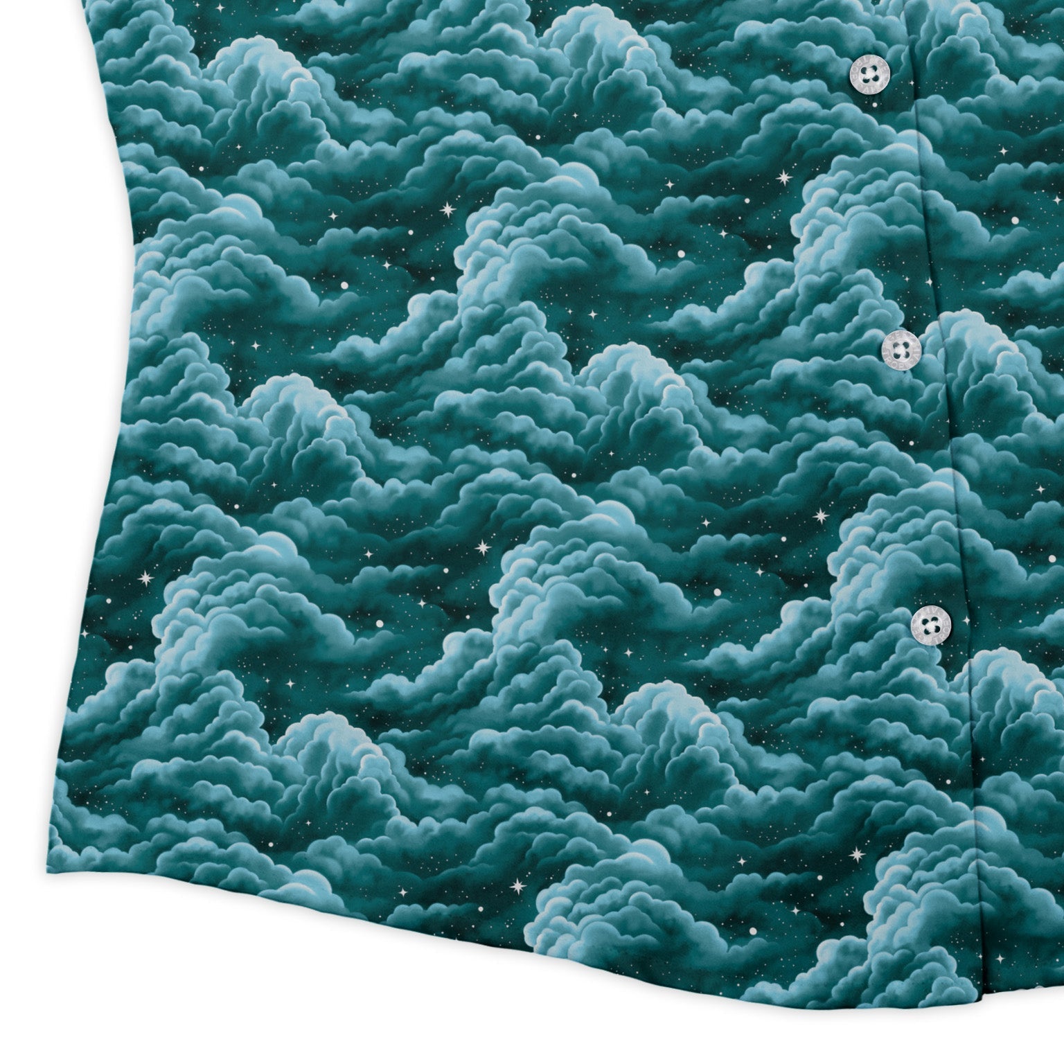 Painted Night Clouds Teal Curvy Button Up Shirt womens corner
