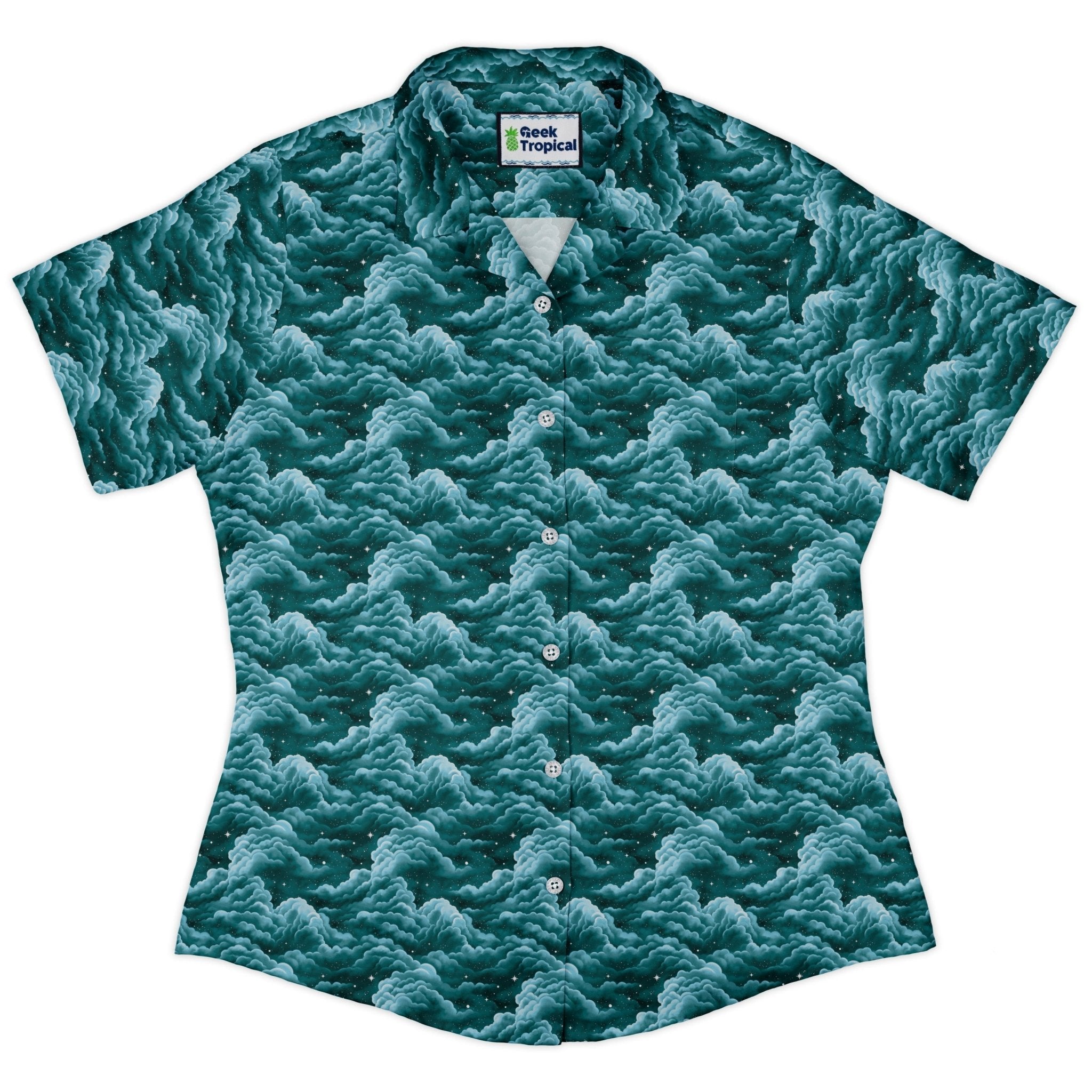 Painted Night Clouds Teal Curvy Button Up Shirt 2