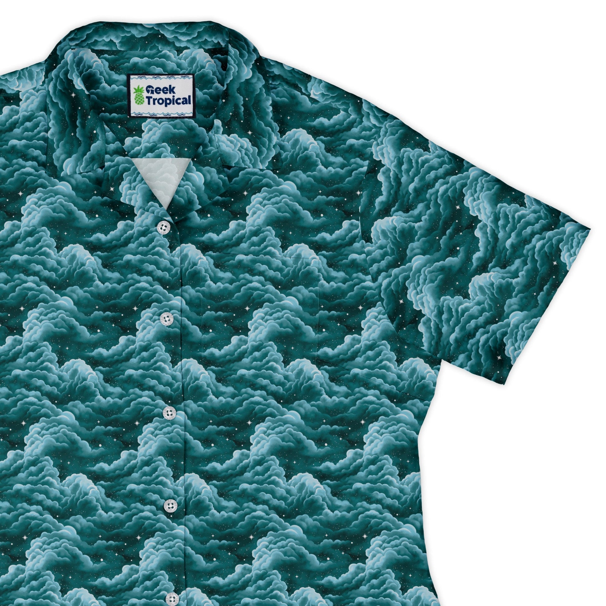 Painted Night Clouds Teal Curvy Button Up Shirt womens top right