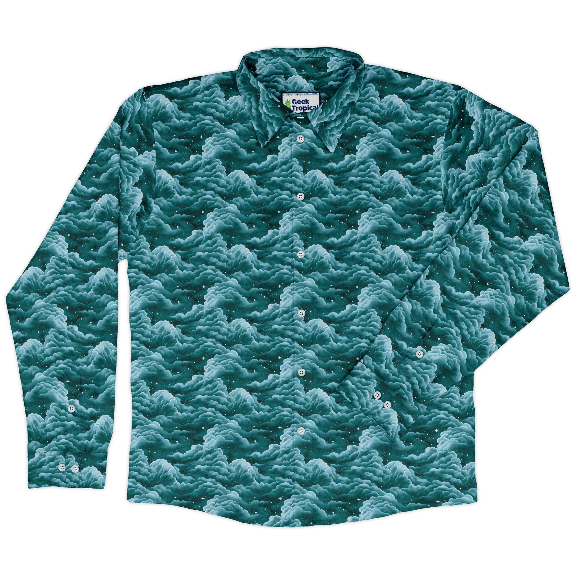 Painted Night Clouds Teal Long Sleeve Button Up Shirt front