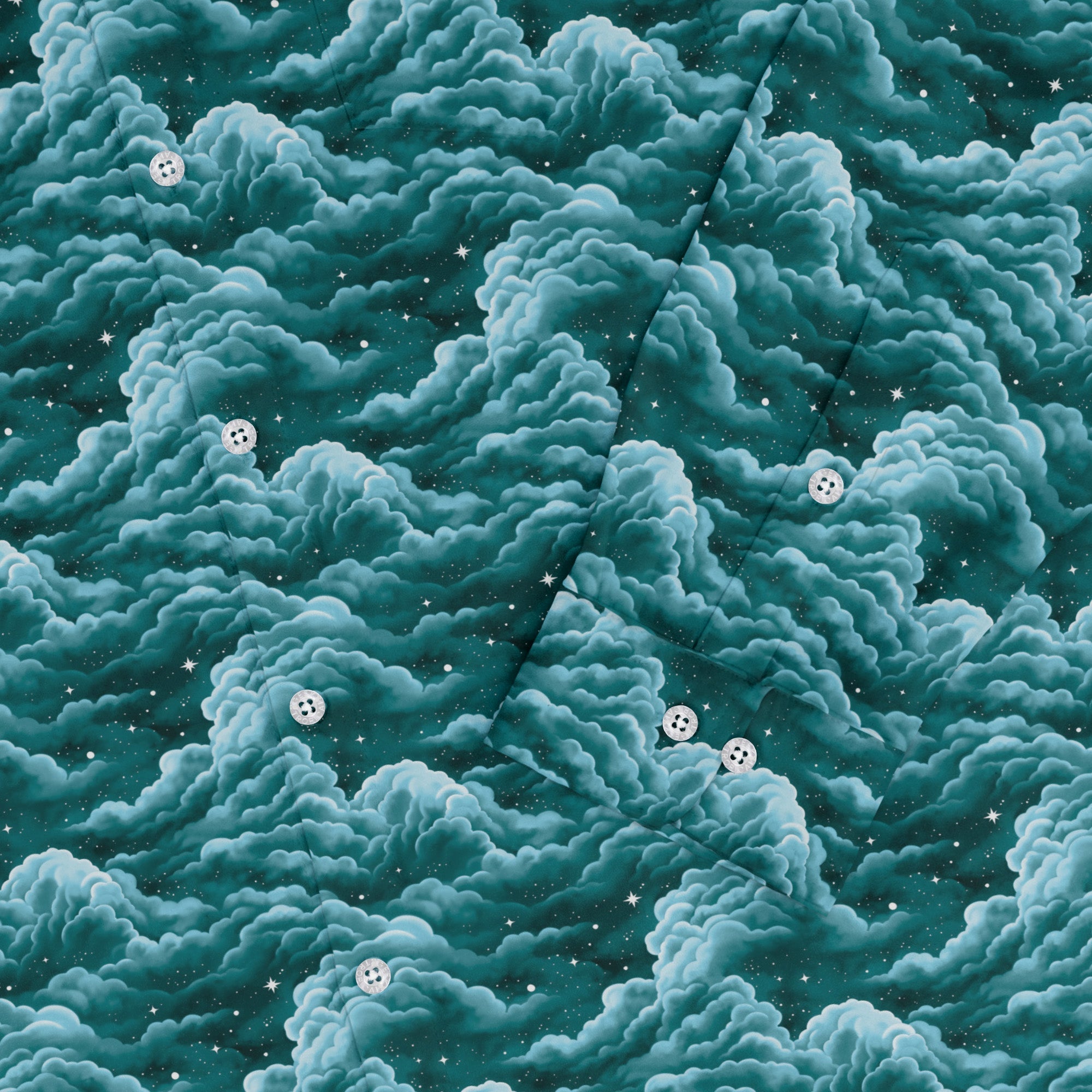 Painted Night Clouds Teal Long Sleeve Button Up Shirt sleeve close