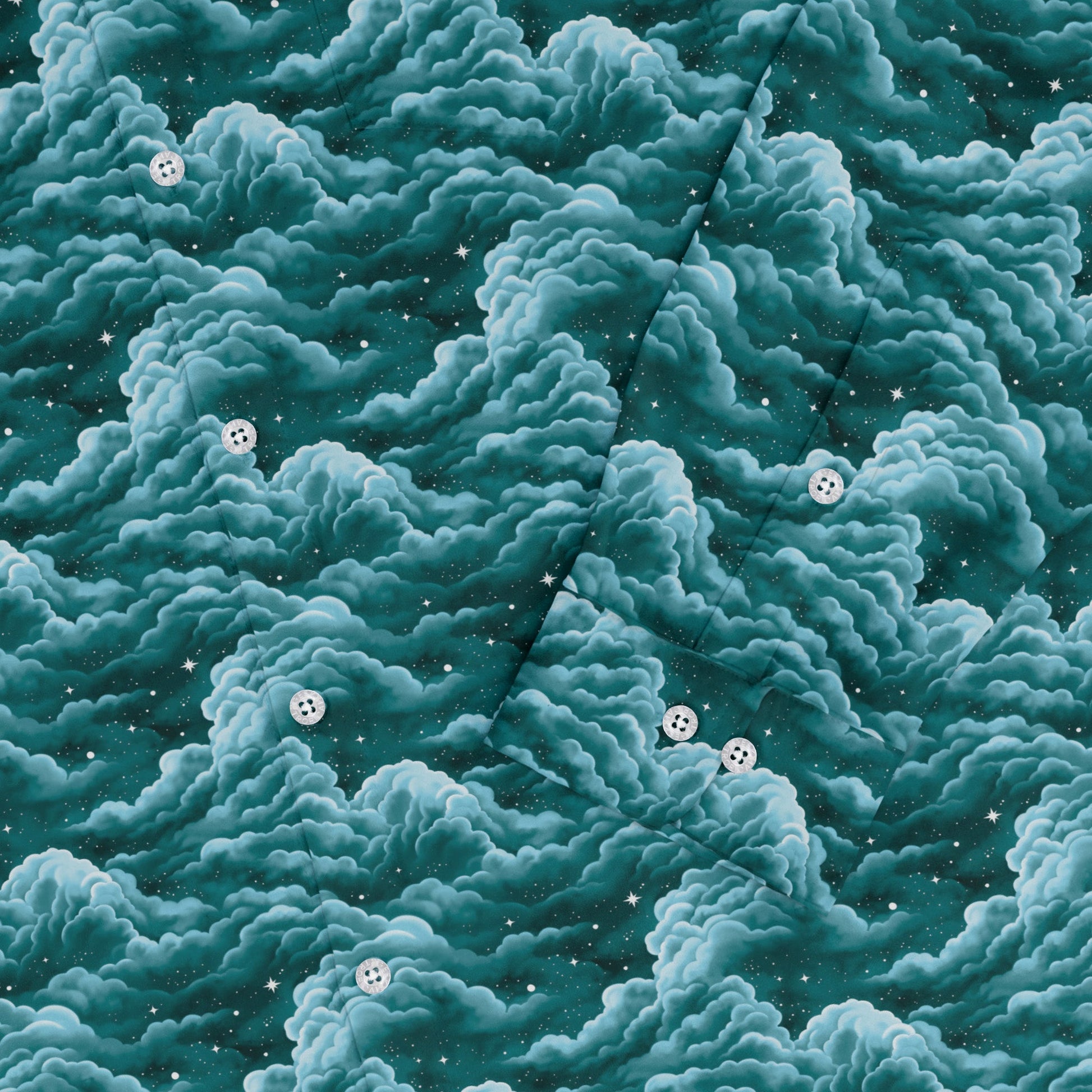Painted Night Clouds Teal Long Sleeve Button Up Shirt sleeve close