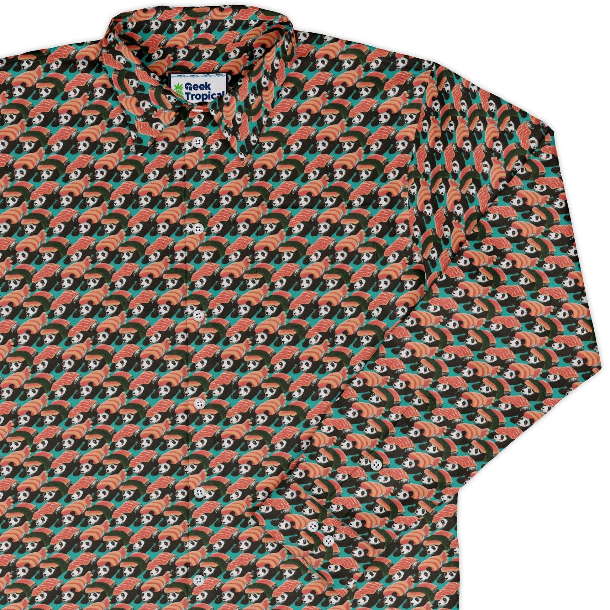 Panda Nigiri Anime Long Sleeve Button Up Shirt Geek Nerd adult sizing Animal Patterns Anime