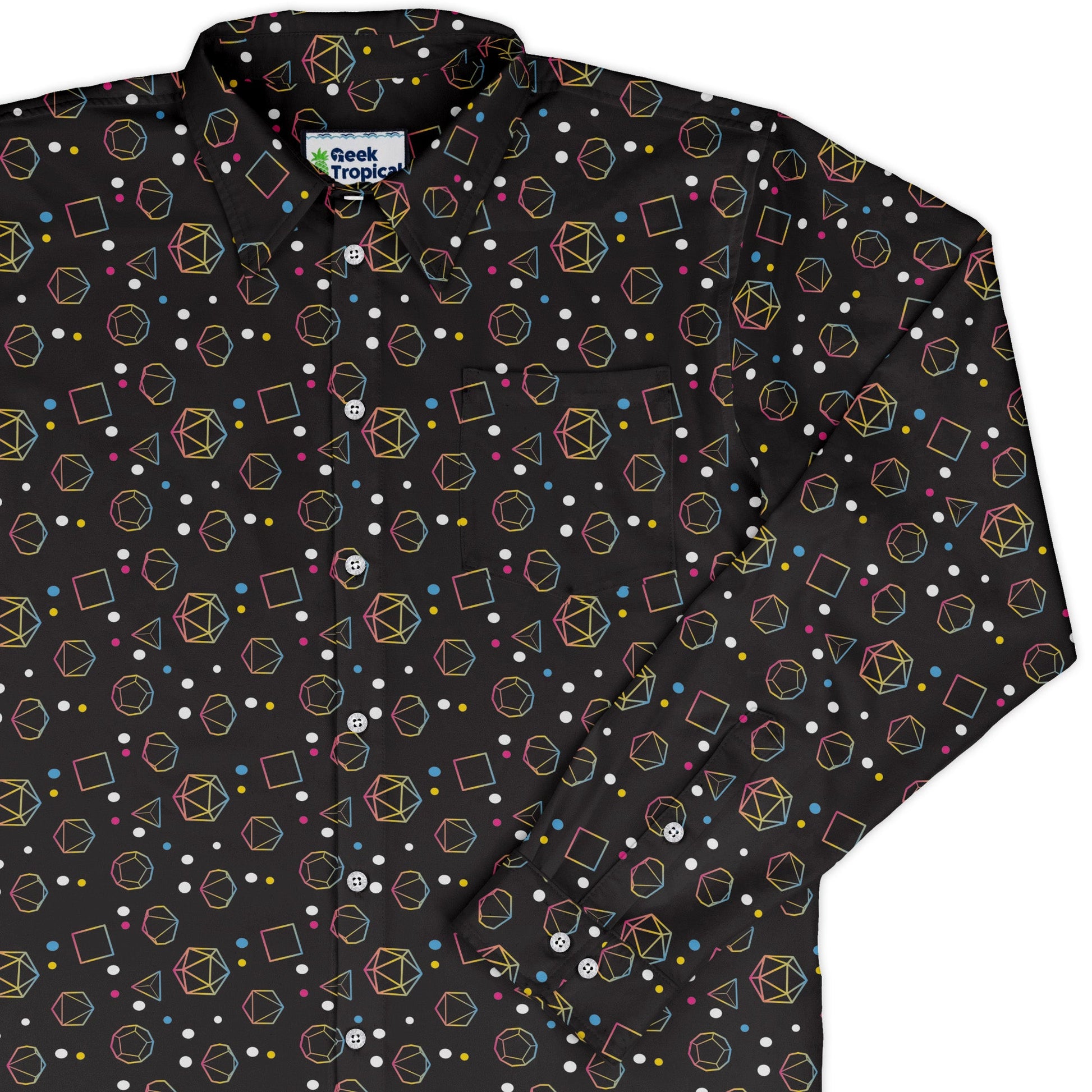 Pansexual Pride Flag Dnd Dice Long Sleeve Button Up Shirt Geek Nerd adult sizing Design by Heather Davenport dnd & rpg print