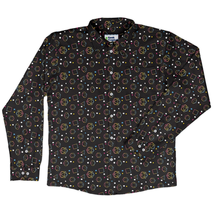 Pansexual Pride Flag Dnd Dice Long Sleeve Button Up Shirt Geek Nerd adult sizing Design by Heather Davenport dnd & rpg print
