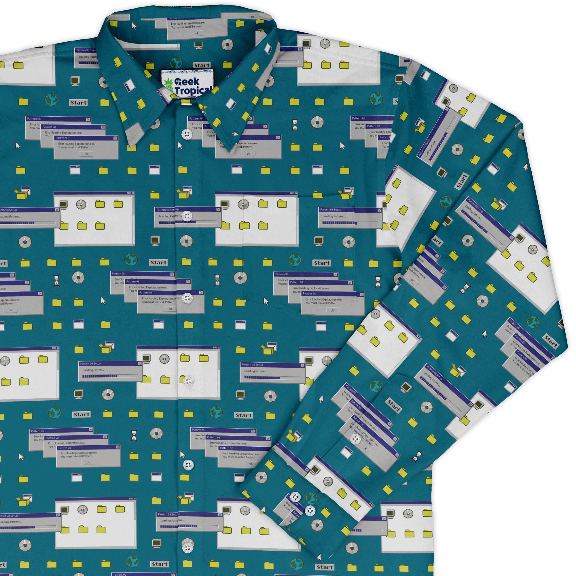 Pattern98 Long Sleeve Button Up Shirt Geek Nerd adult sizing computer print Design by Claire Murphy
