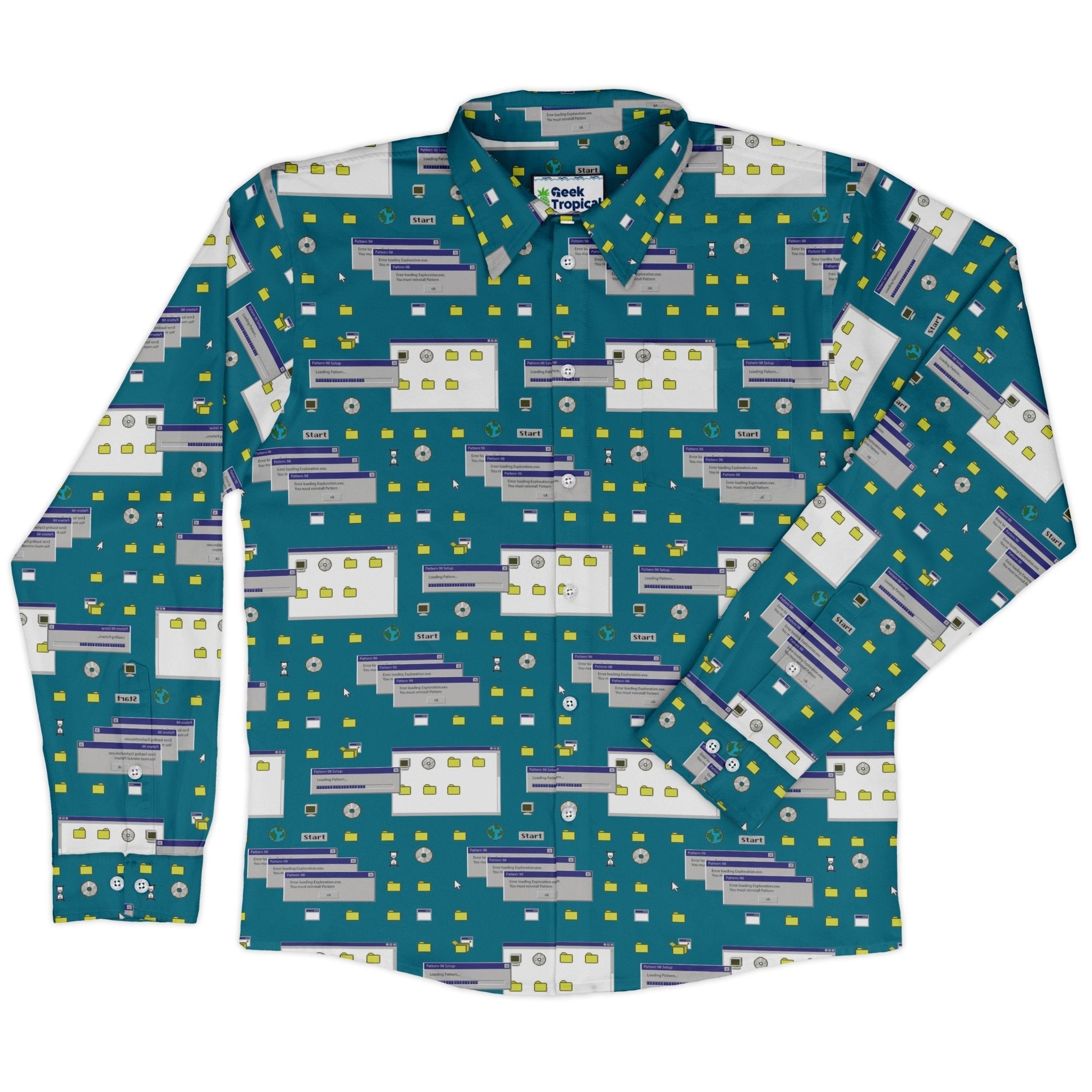 Pattern98 Long Sleeve Button Up Shirt Geek Nerd adult sizing computer print Design by Claire Murphy