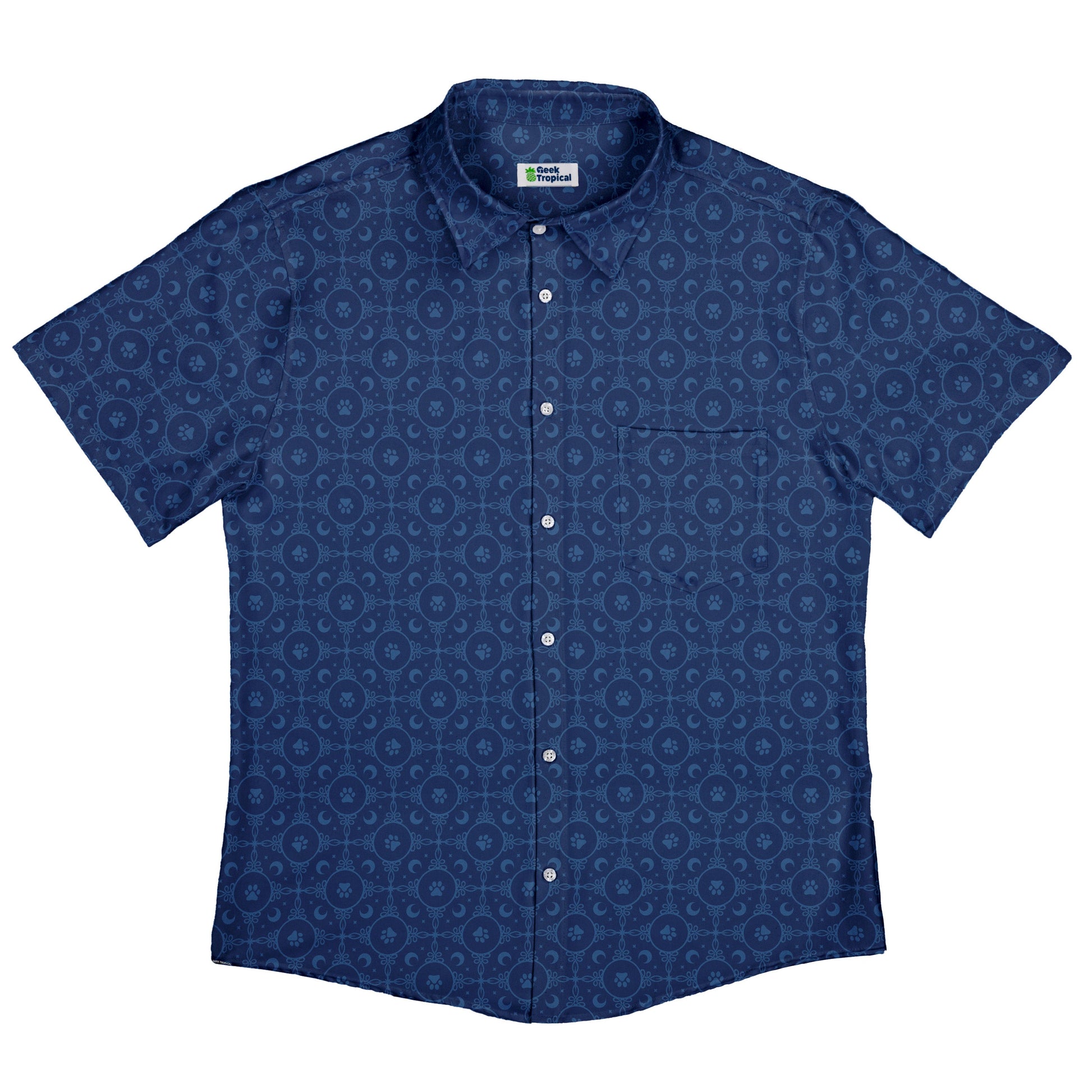 Paw Print Mandala Blue Button Up Shirt Flat Front
