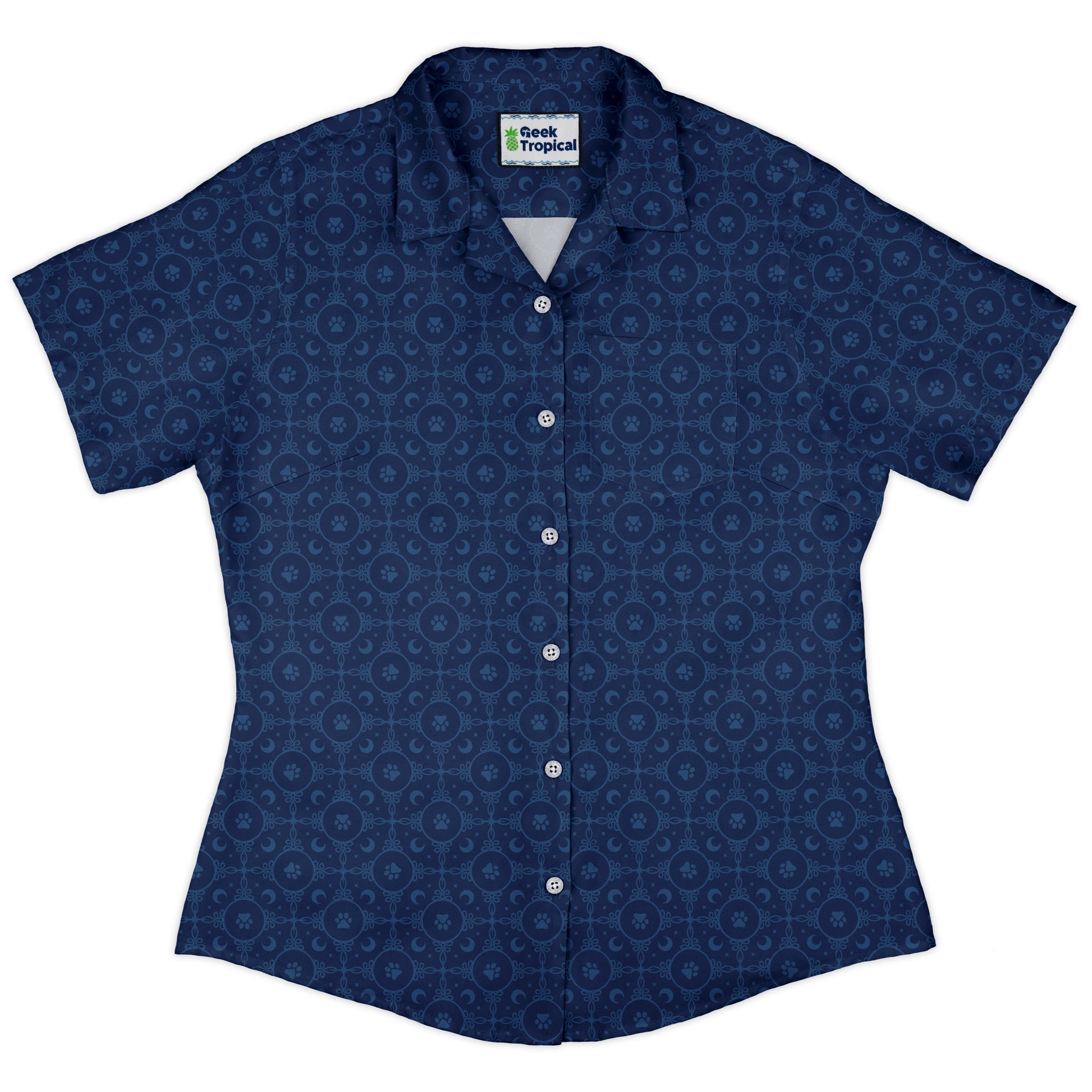 Paw Print Mandala Blue Curvy Button Up Shirt womens front
