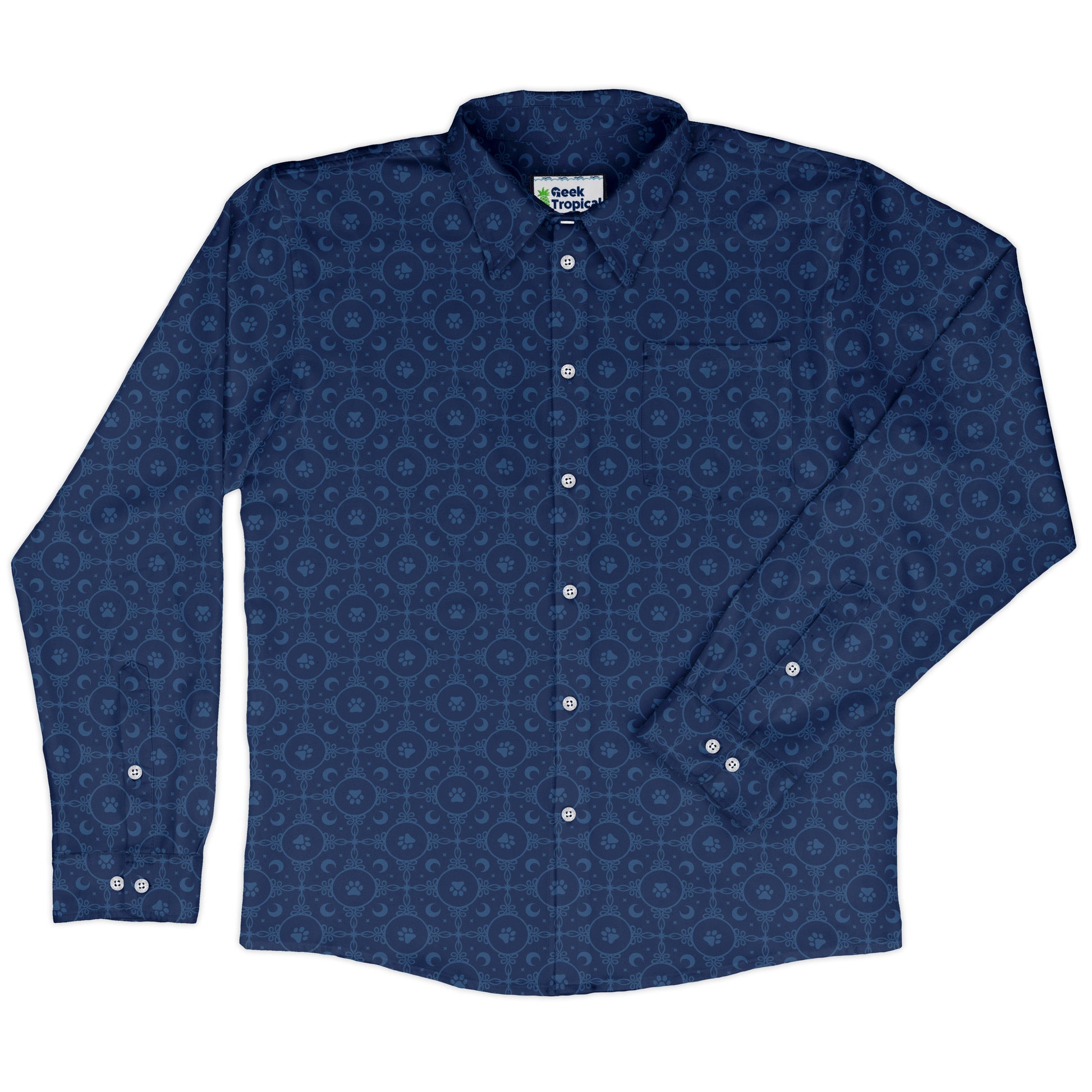 Paw Print Mandala Blue Long Sleeve Button Up Shirt front