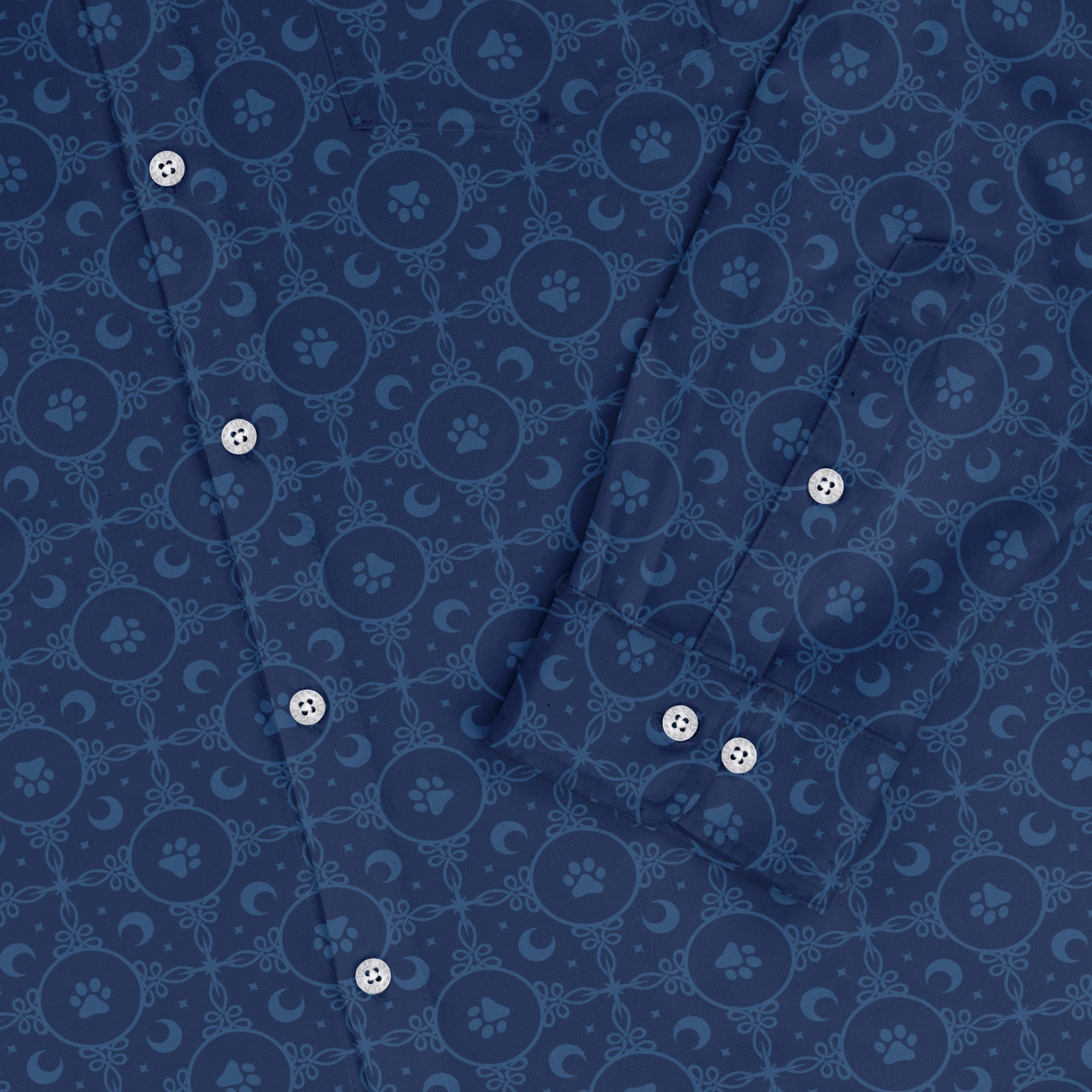 Paw Print Mandala Blue Long Sleeve Button Up Shirt sleeve close