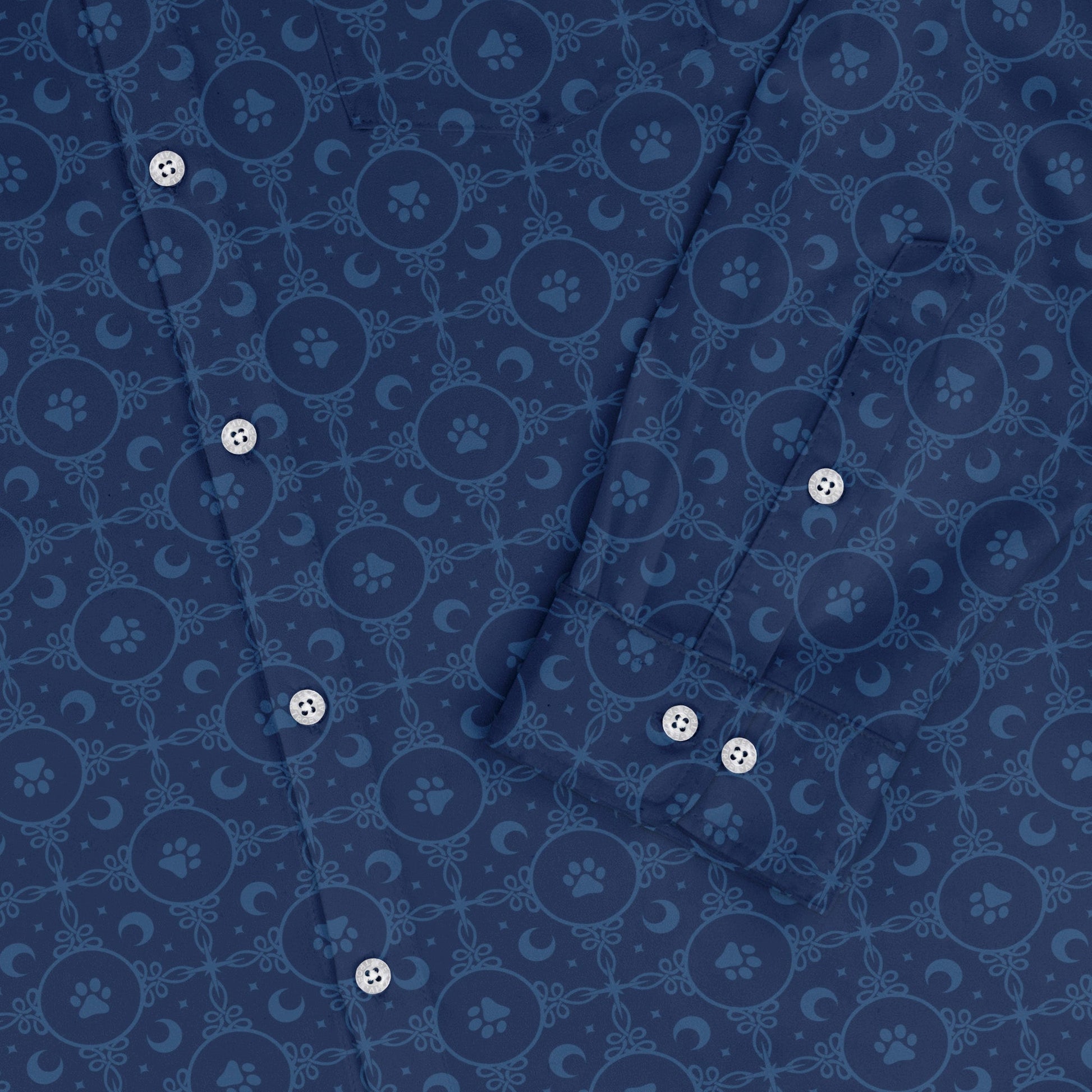 Paw Print Mandala Blue Long Sleeve Button Up Shirt sleeve close