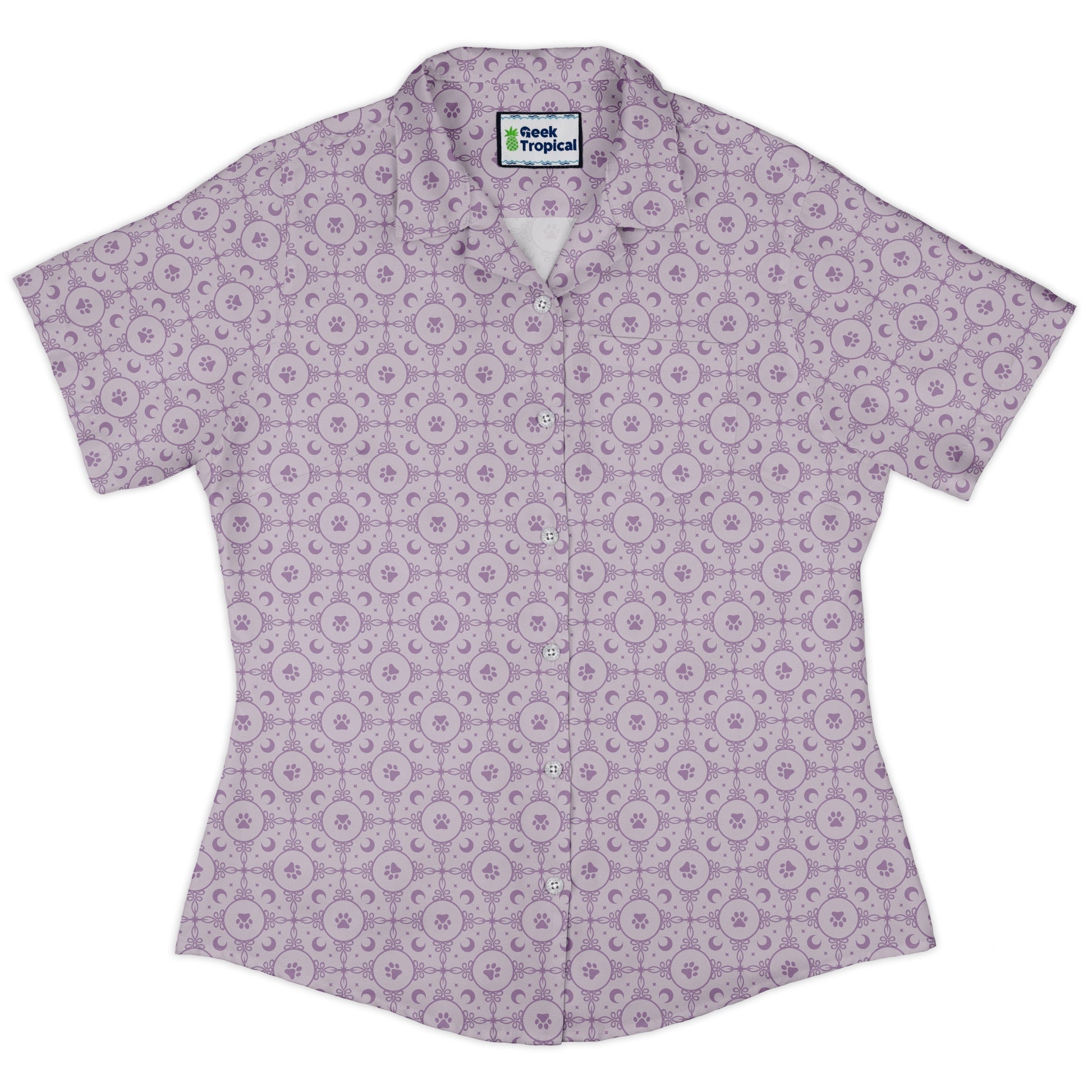 Paw Print Mandala Lilac Curvy Button Up Shirt womens front