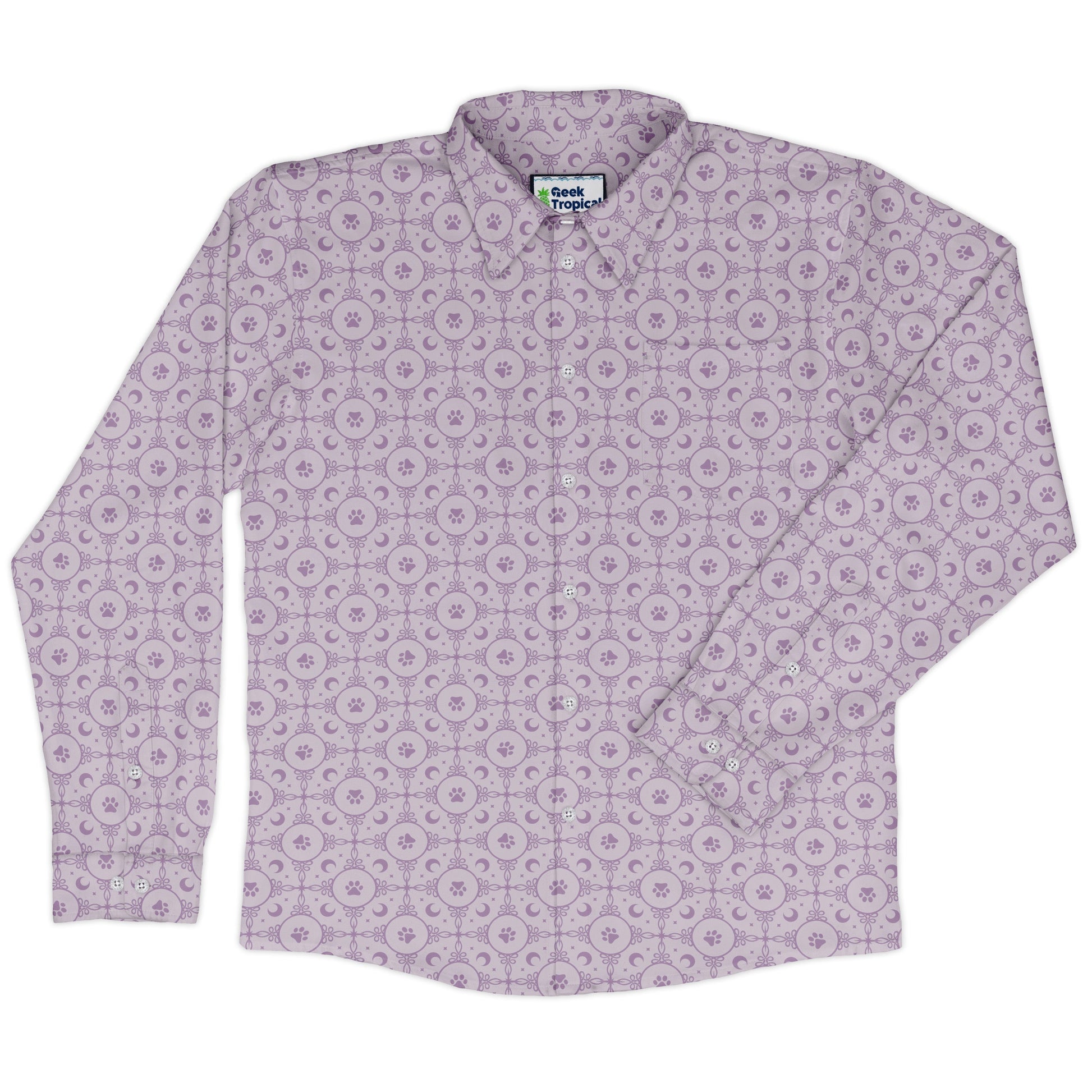 Paw Print Mandala Lilac Long Sleeve Button Up Shirt front