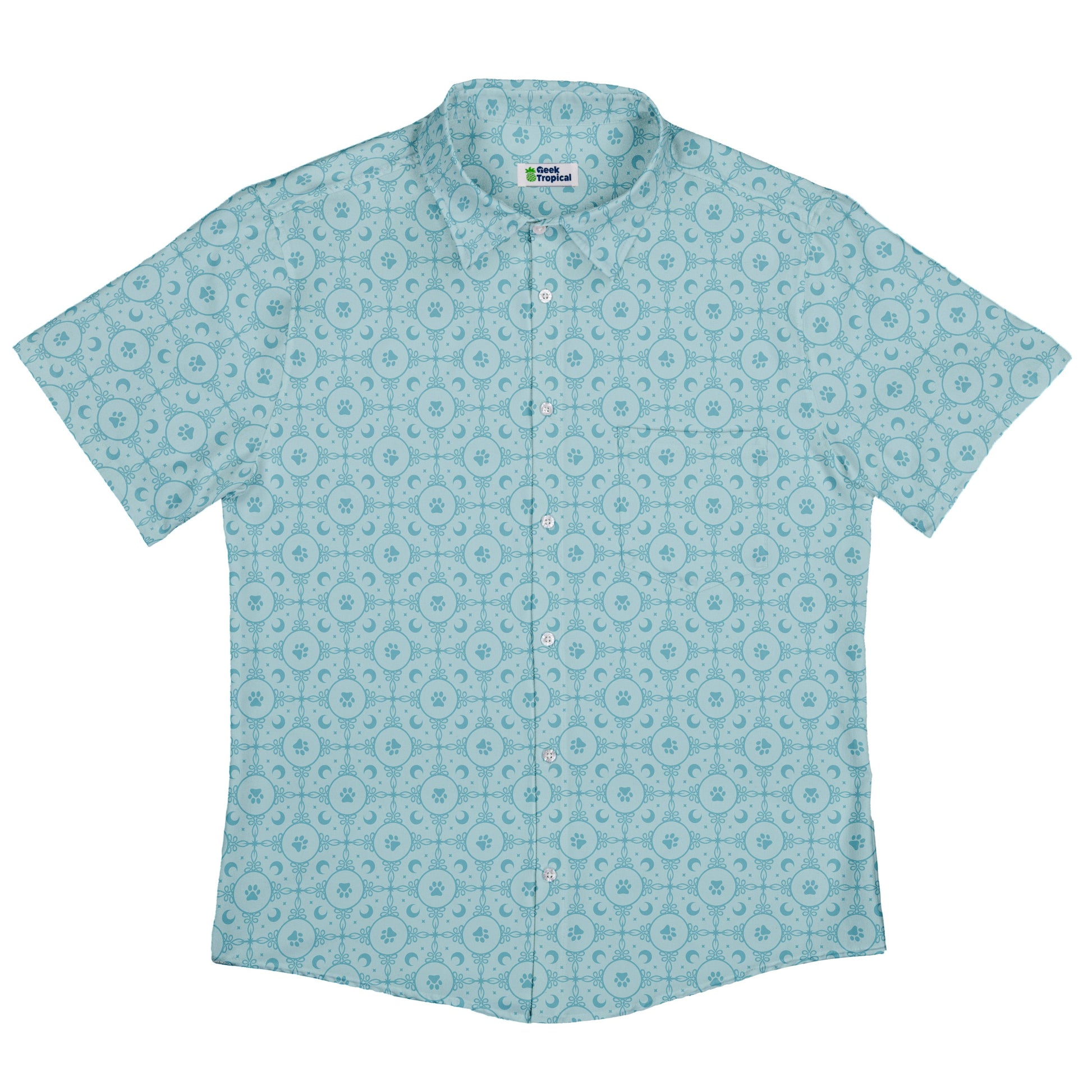 Paw Print Mandala Teal Button Up Shirt Flat Front