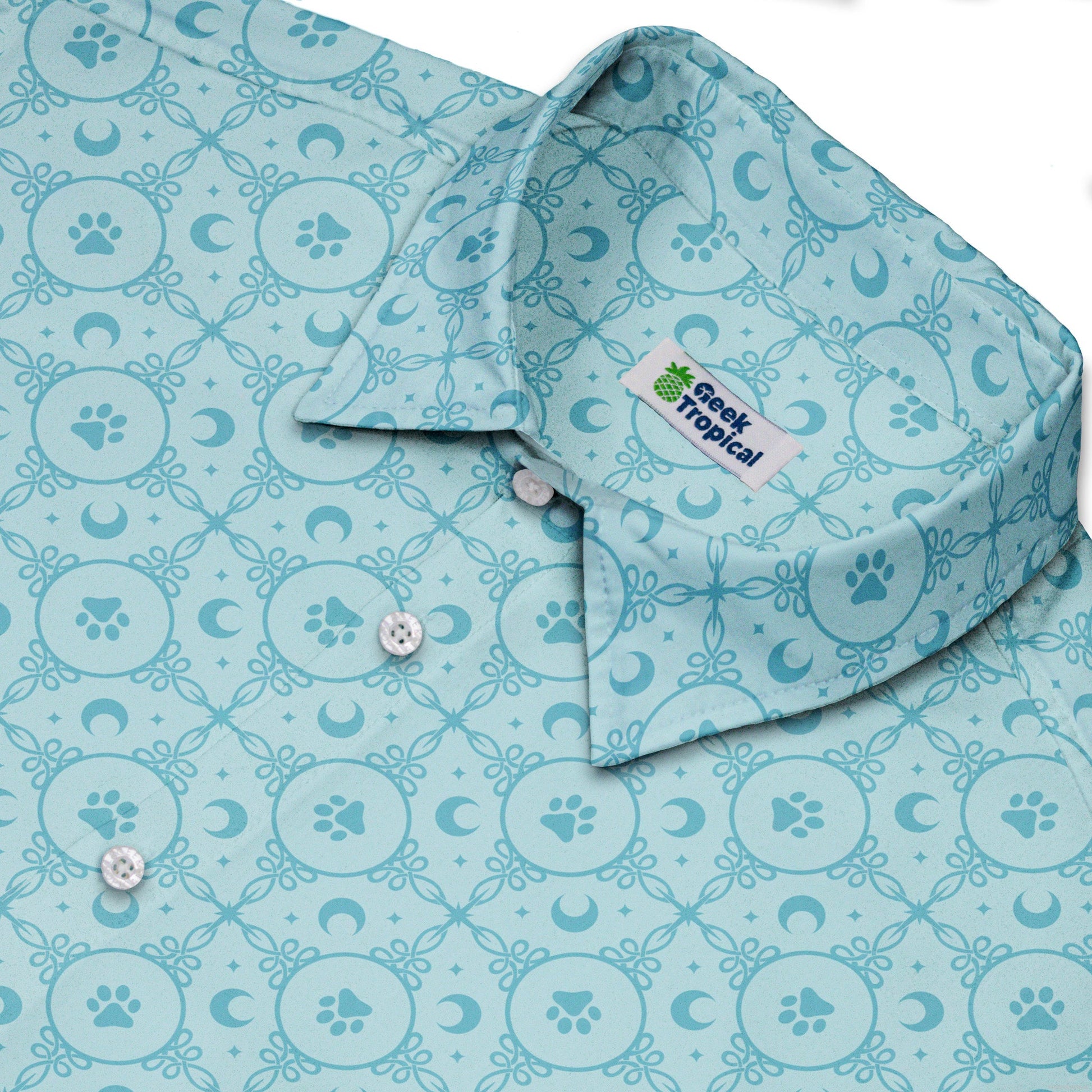 Paw Print Mandala Teal Button Up Shirt Neck