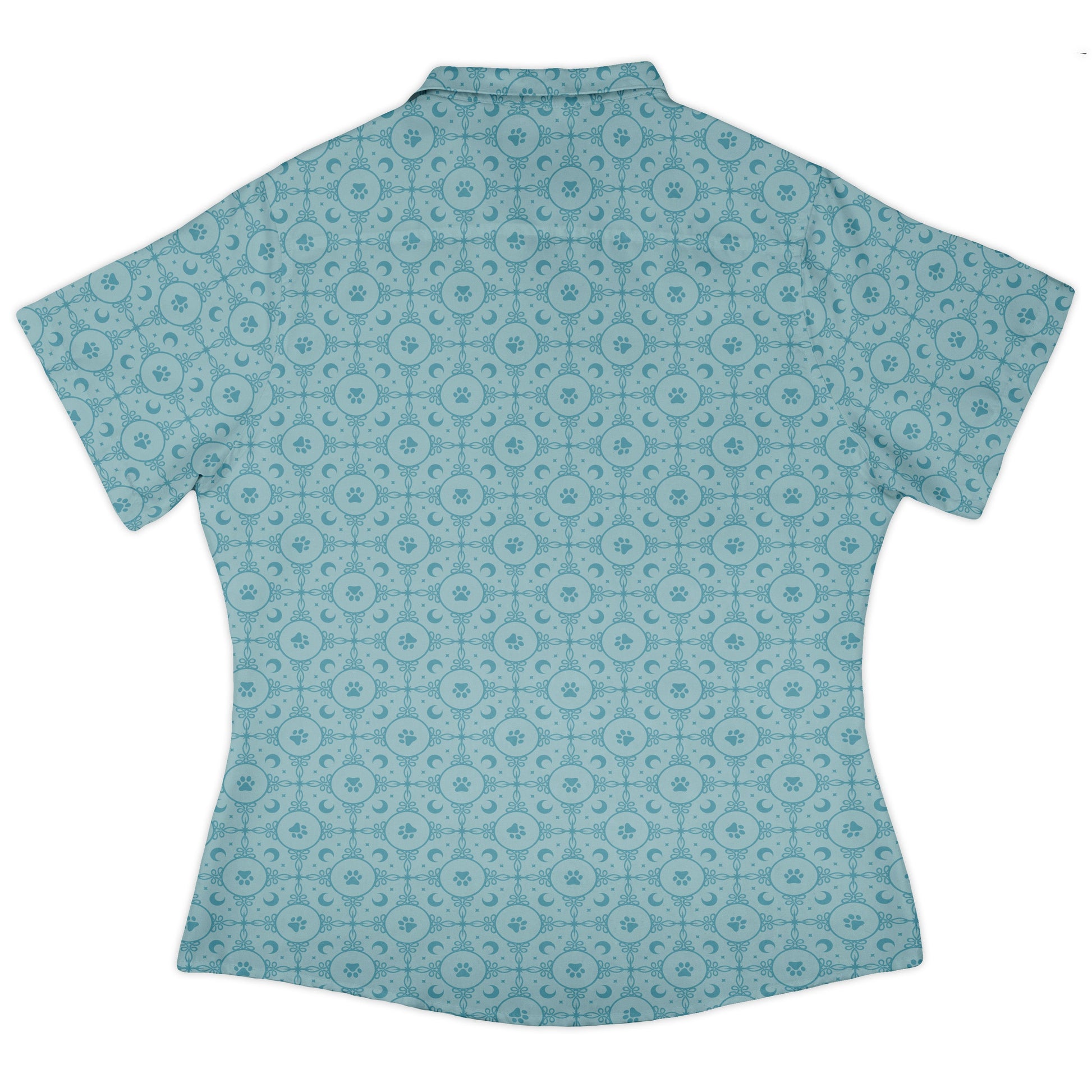 Paw Print Mandala Teal Curvy Button Up Shirt womens back