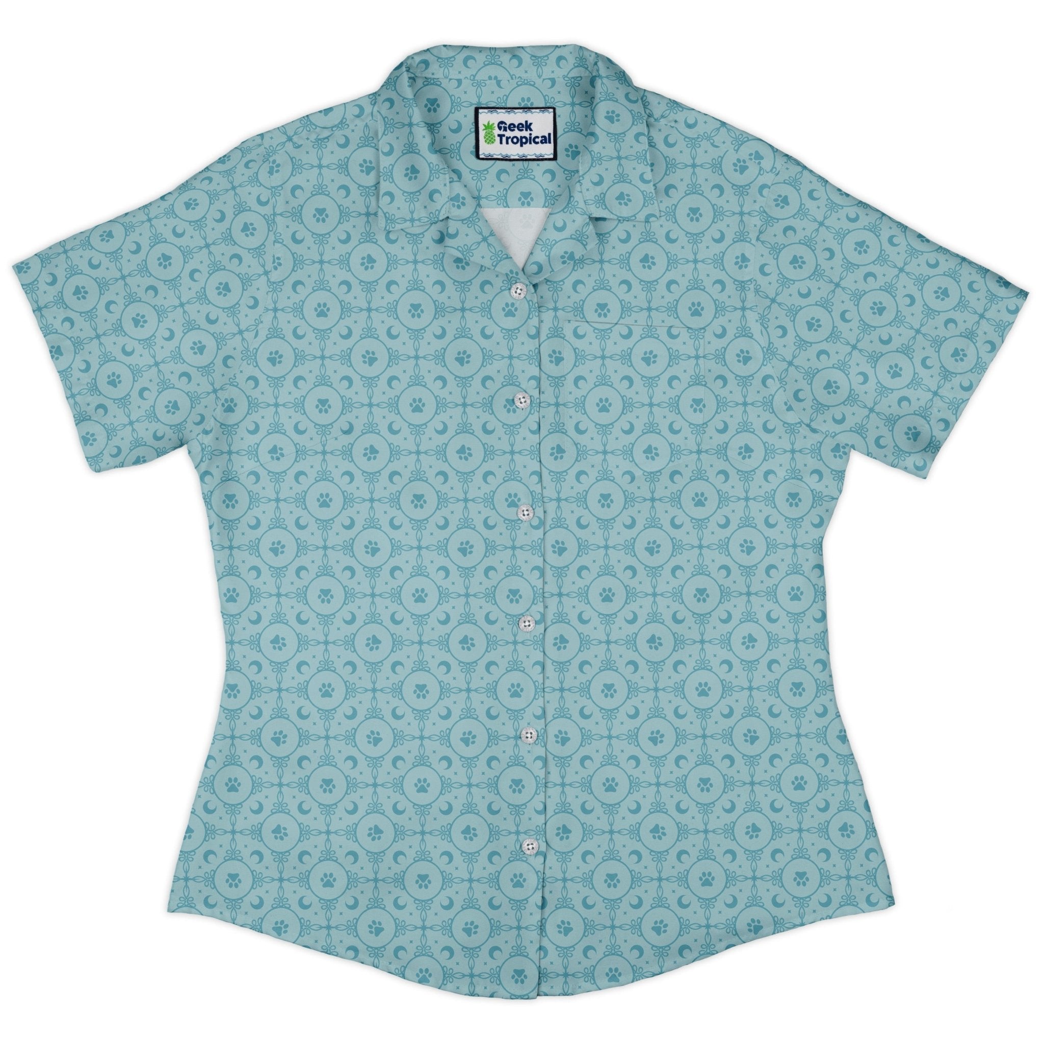 Paw Print Mandala Teal Curvy Button Up Shirt 2