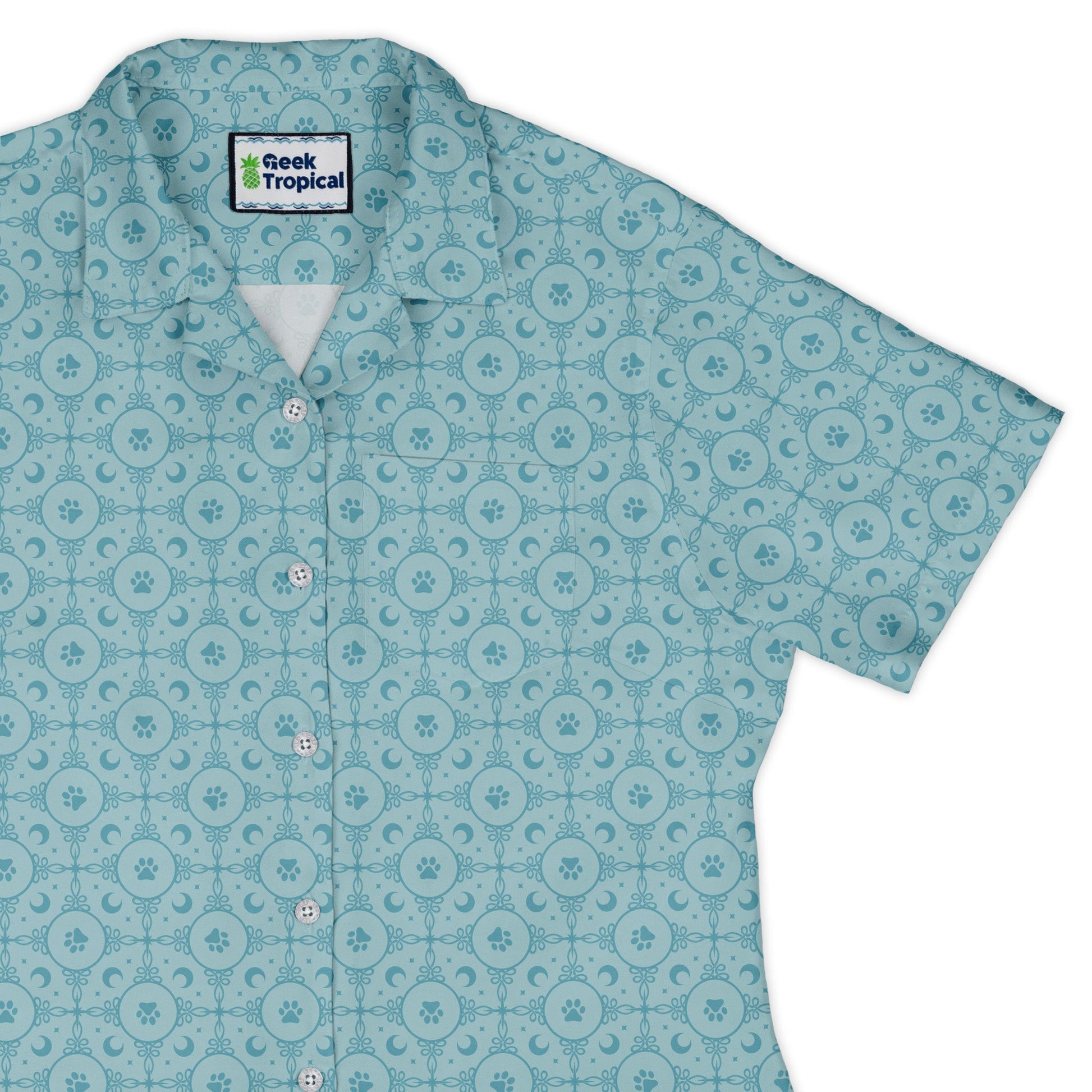 Paw Print Mandala Teal Curvy Button Up Shirt womens top right
