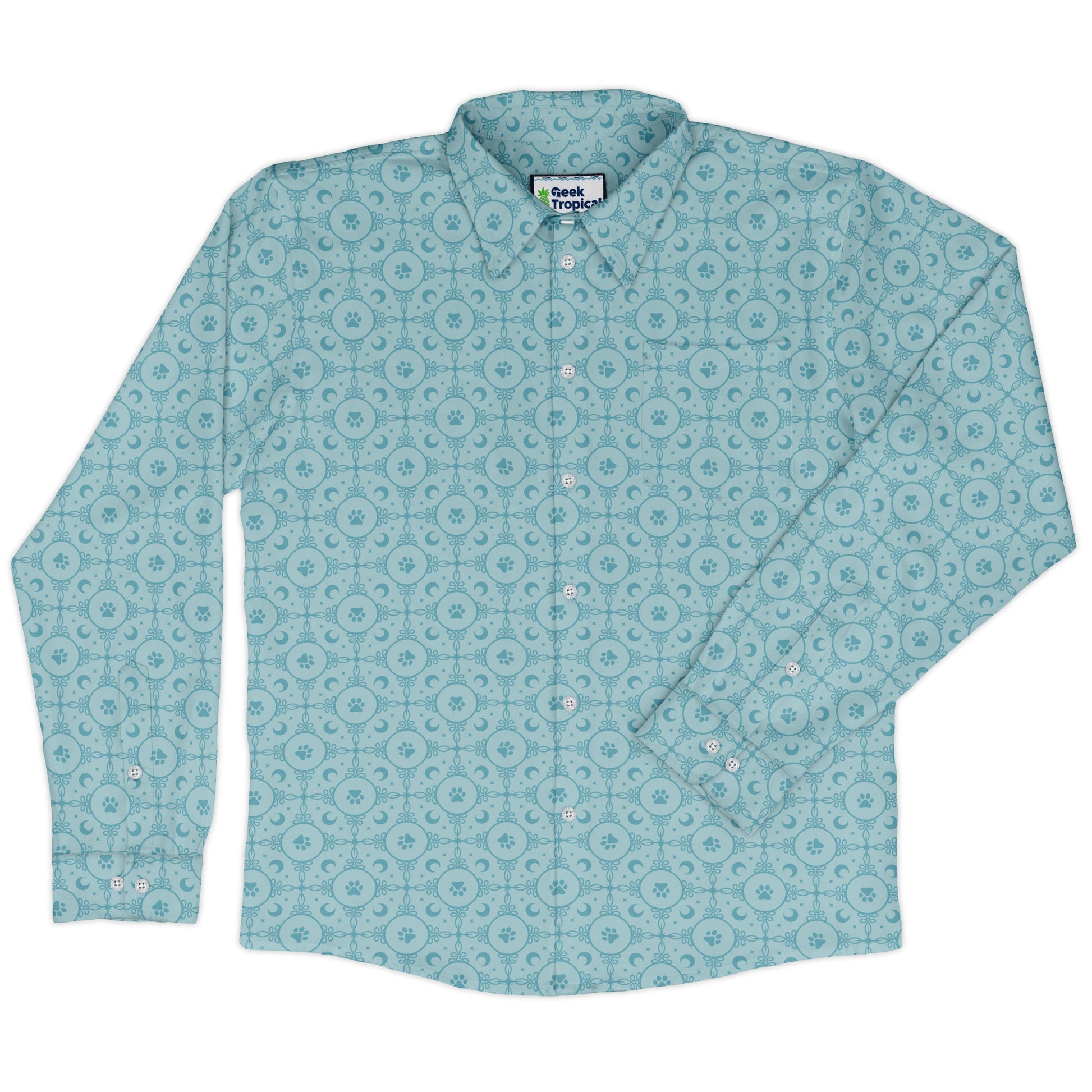 Paw Print Mandala Teal Long Sleeve Button Up Shirt front