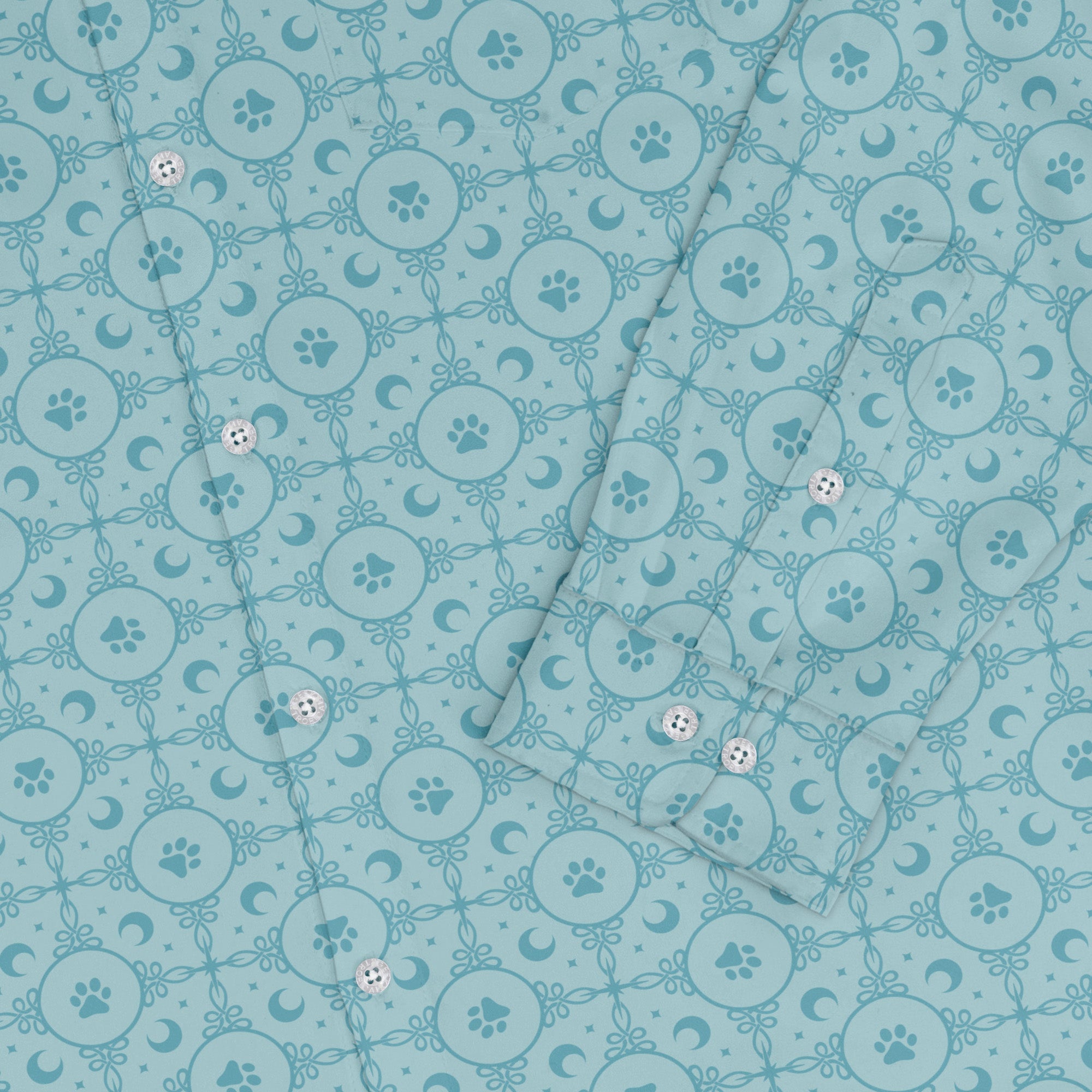 Paw Print Mandala Teal Long Sleeve Button Up Shirt sleeve close
