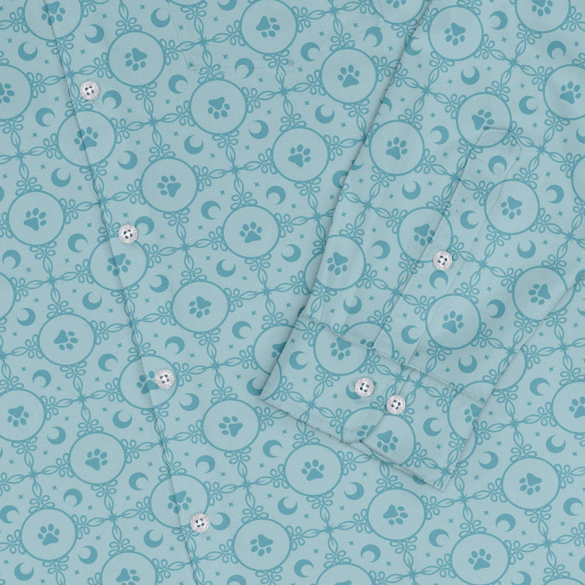 Paw Print Mandala Teal Long Sleeve Button Up Shirt sleeve close