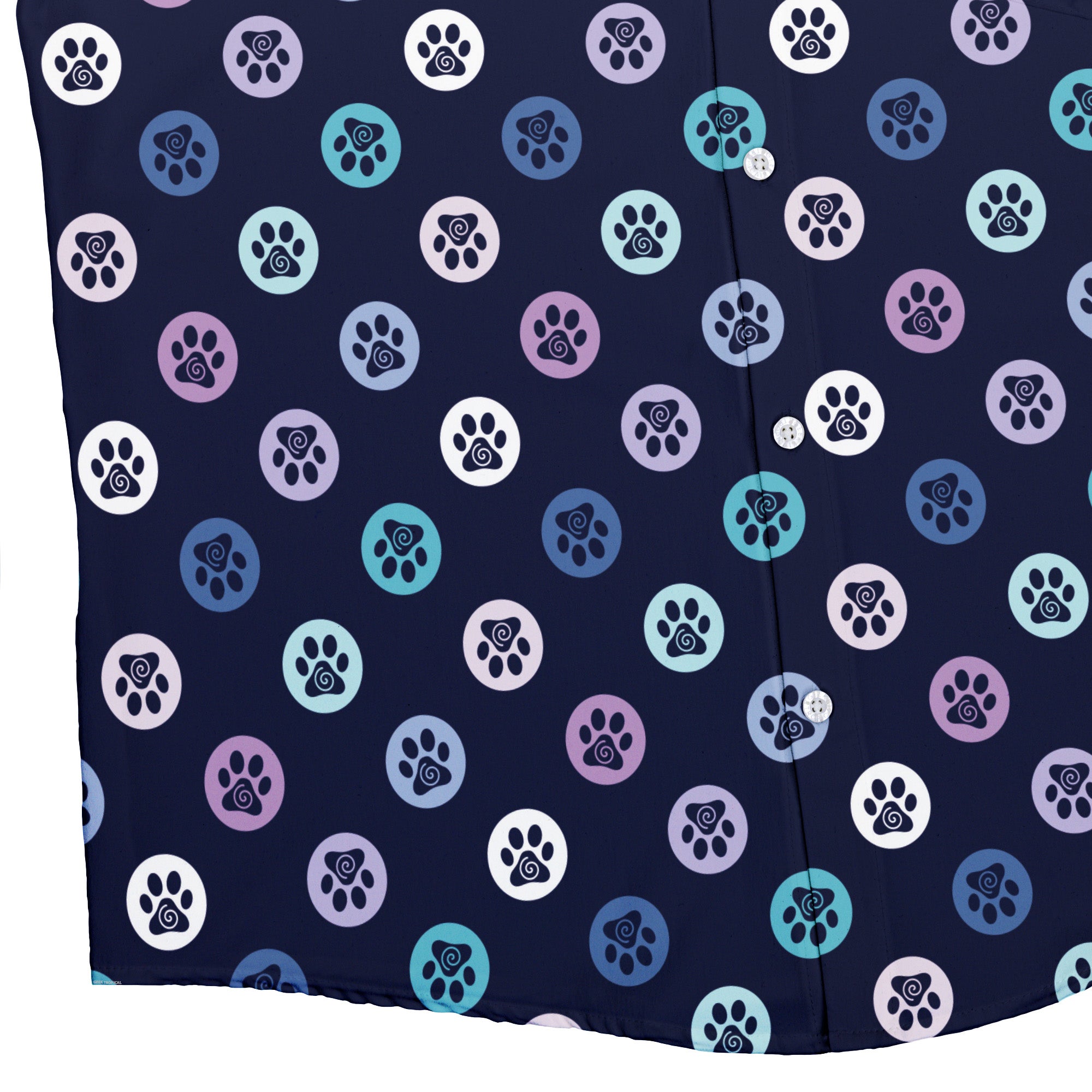 Paw Print Polka Dots Blue Button Up Shirt Bottom Corner
