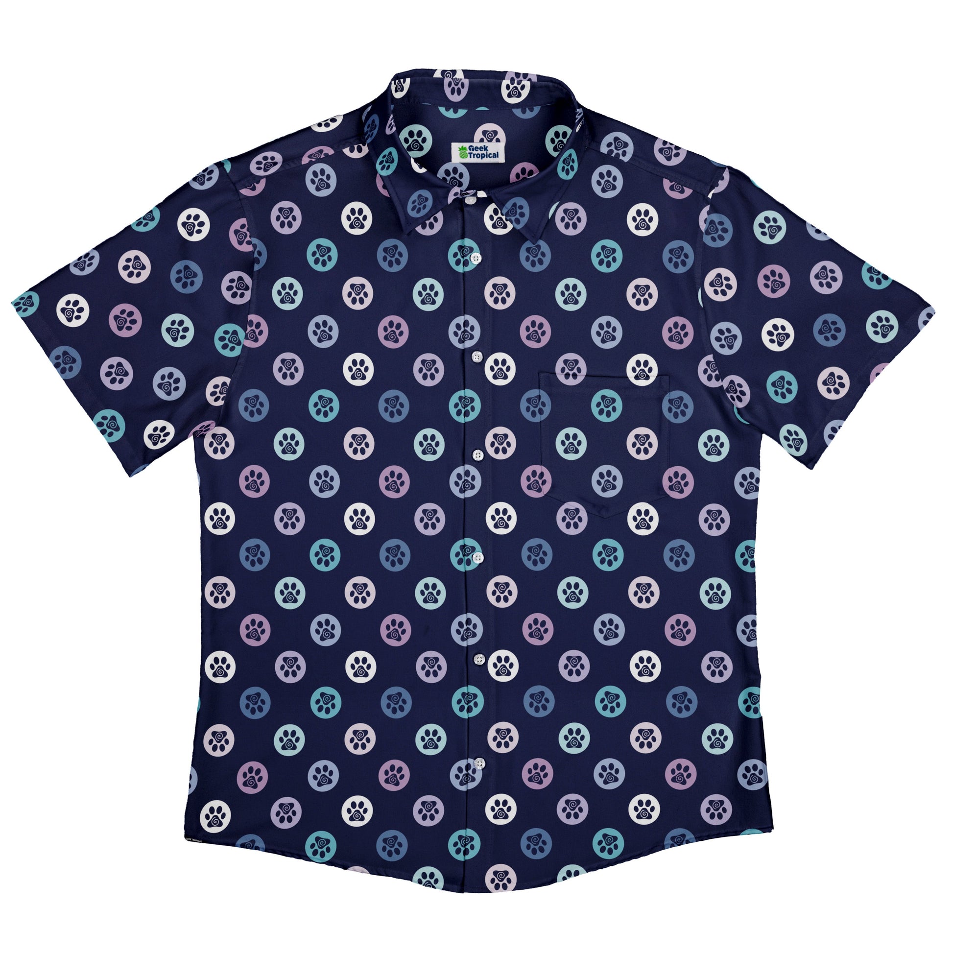 Paw Print Polka Dots Blue Button Up Shirt Flat Front