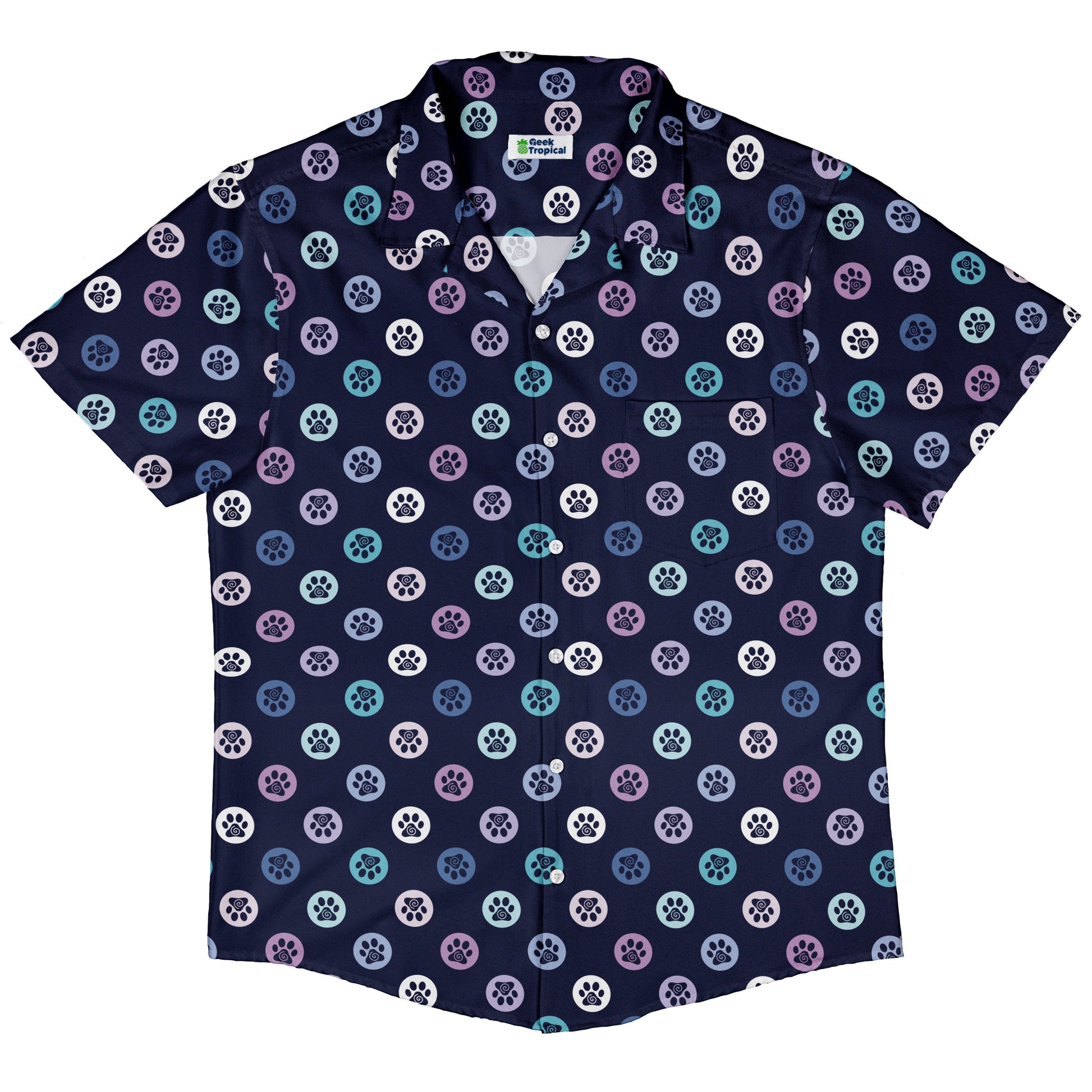 Paw Print Polka Dots Blue Button Up Shirt Hawaiian Front