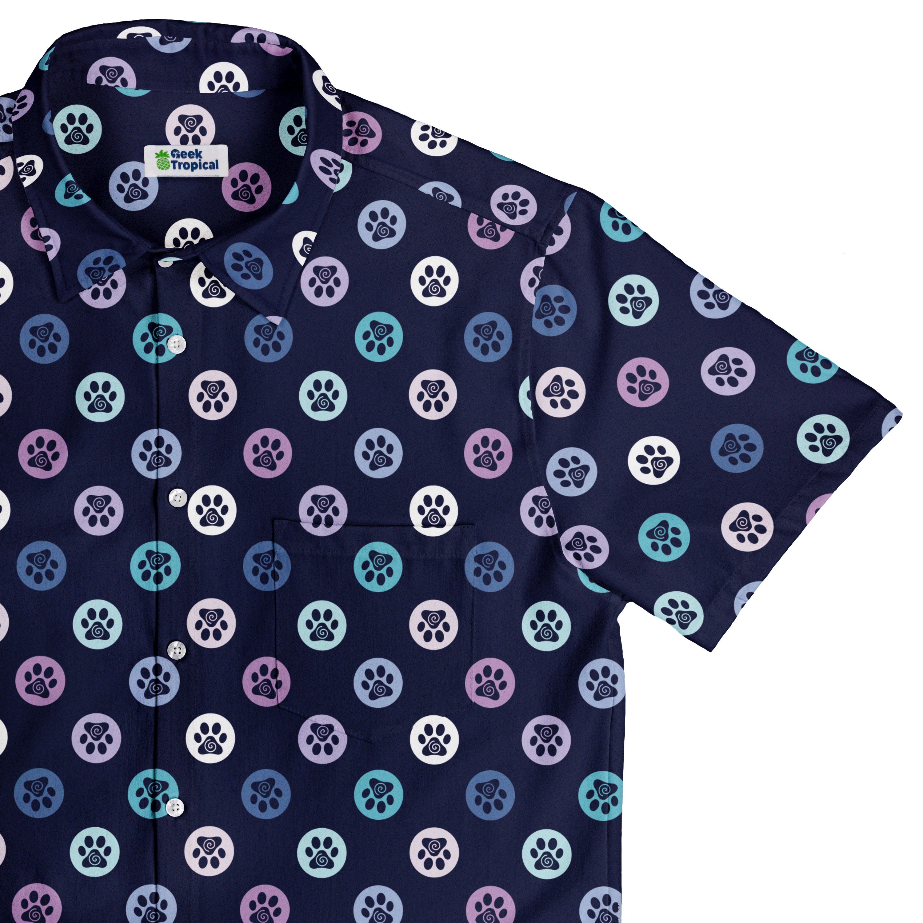 Paw Print Polka Dots Blue Button Up Shirt Top Corner