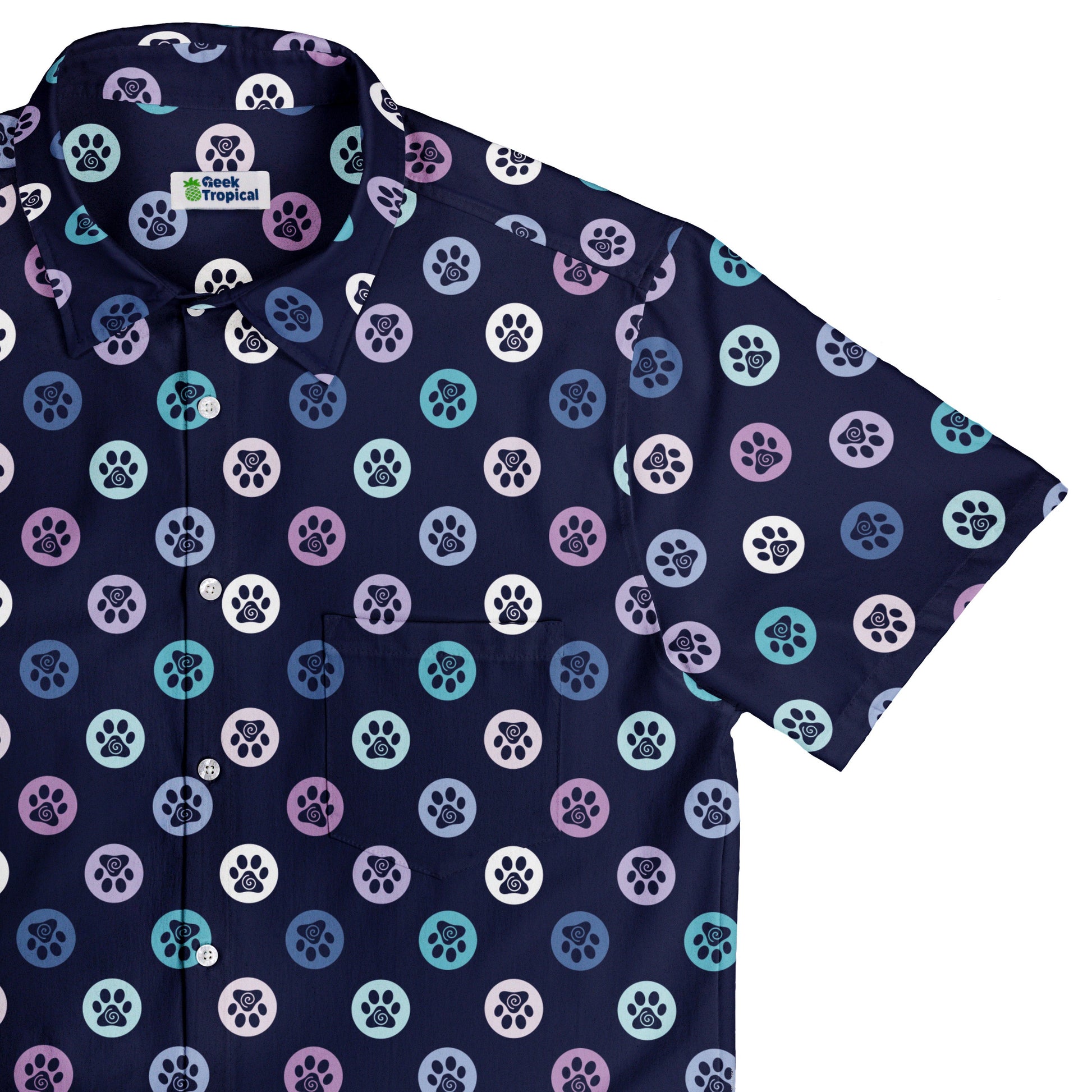 Paw Print Polka Dots Blue Button Up Shirt Top Corner