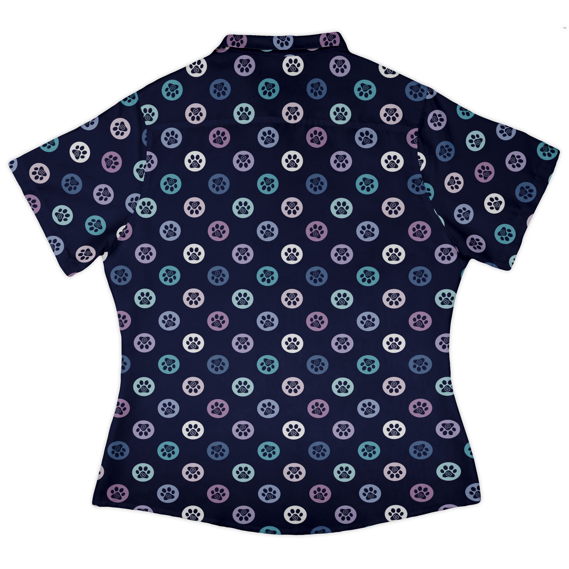 Paw Print Polka Dots Blue Curvy Button Up Shirt womens back