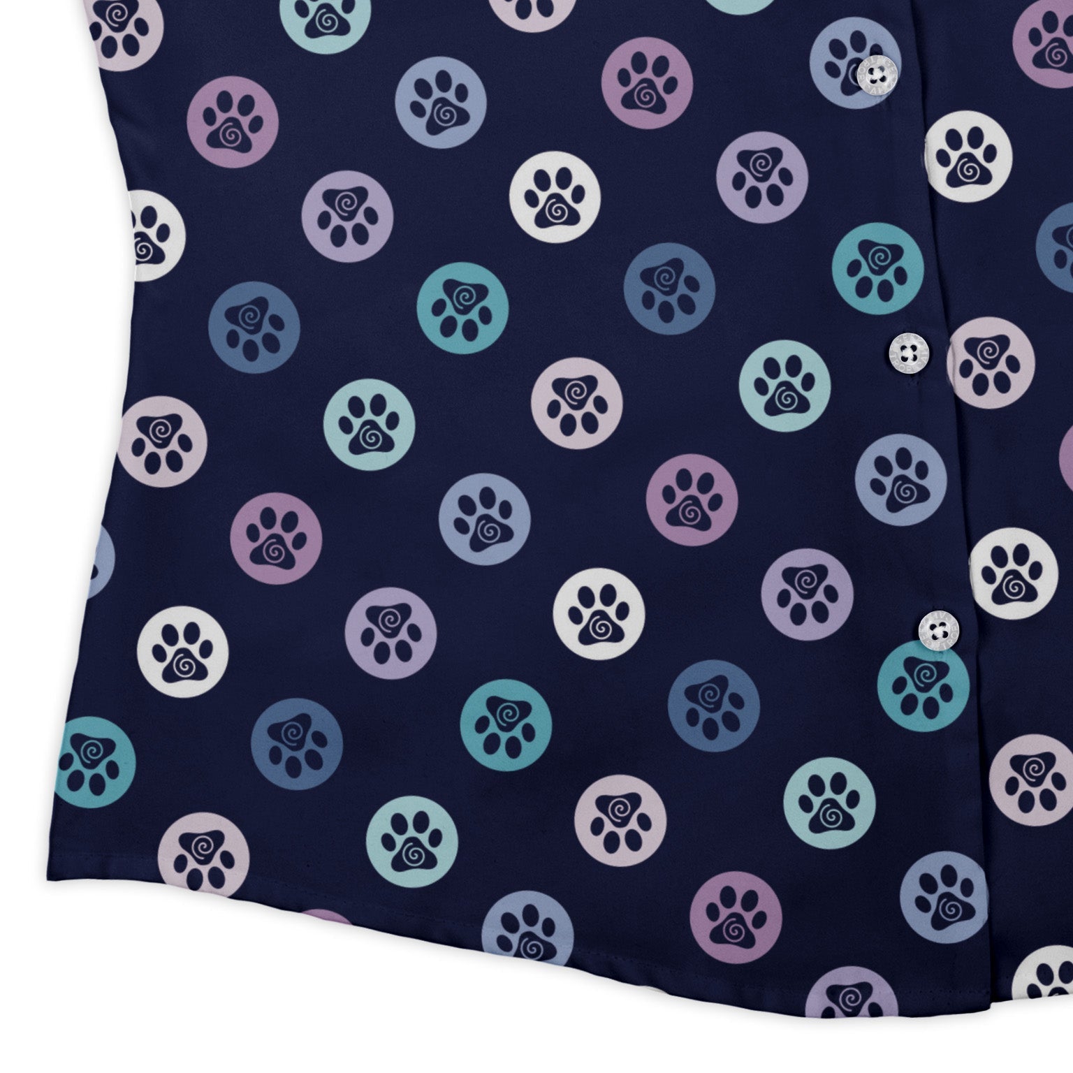 Paw Print Polka Dots Blue Curvy Button Up Shirt womens corner