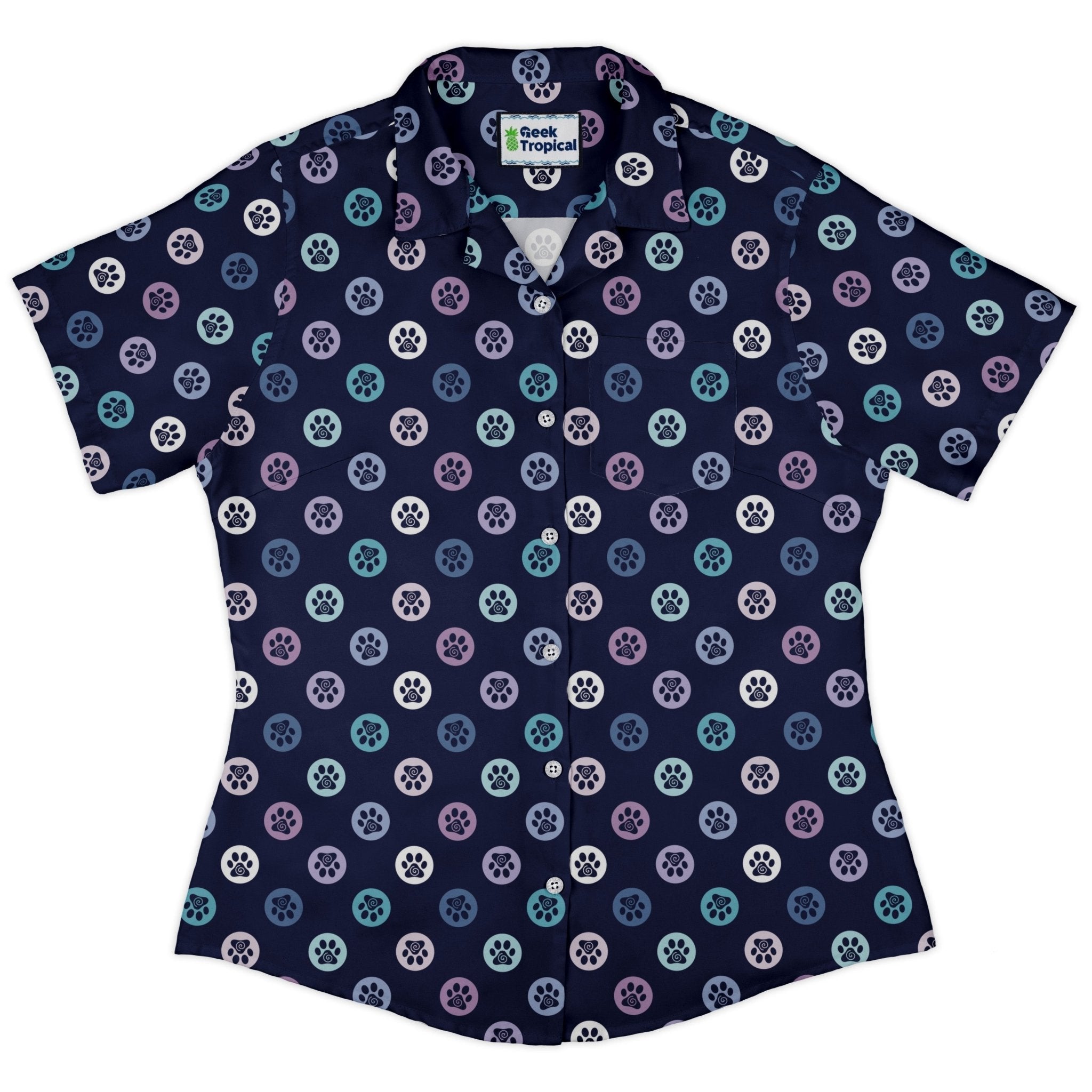 Paw Print Polka Dots Blue Curvy Button Up Shirt 2