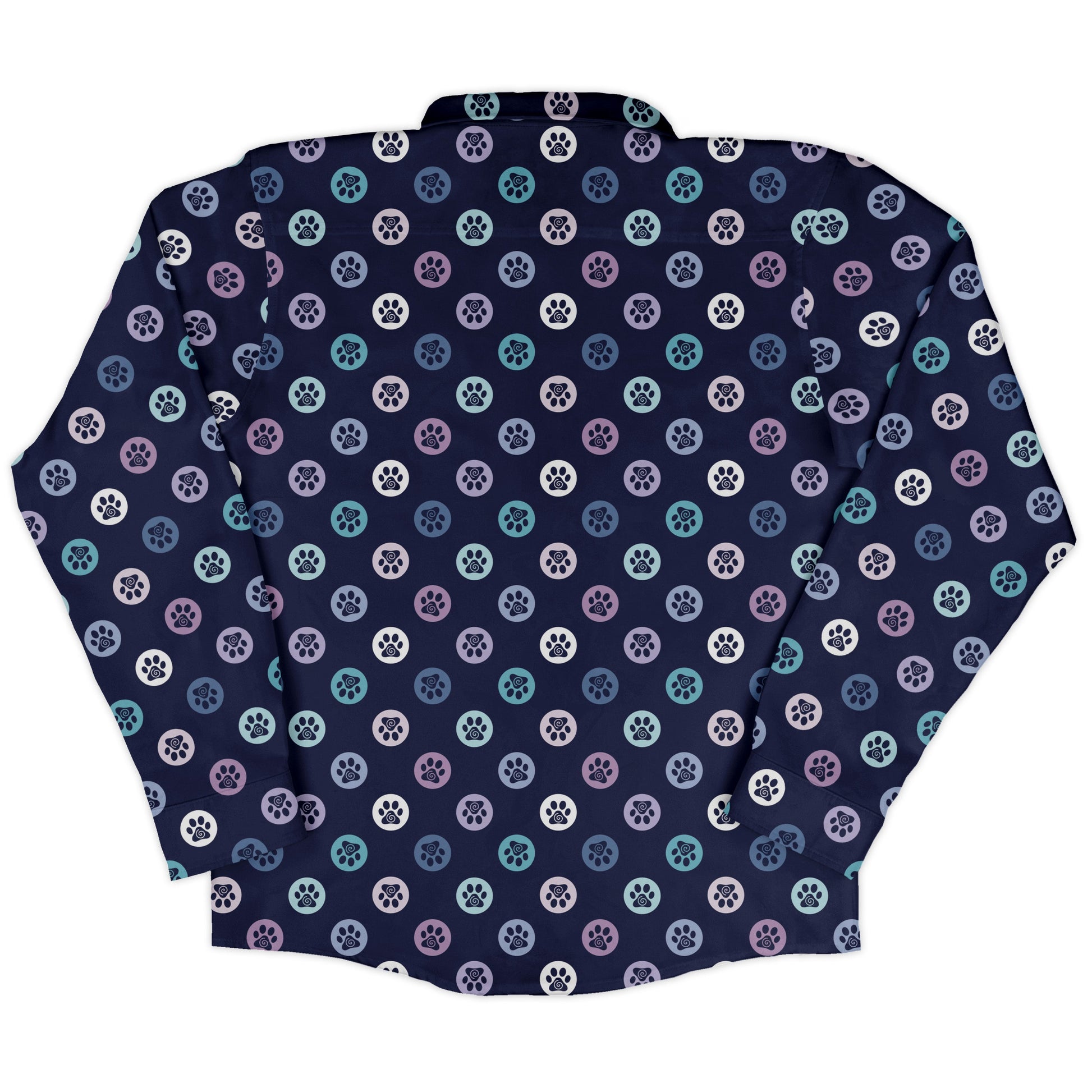 Paw Print Polka Dots Blue Long Sleeve Button Up Shirt back
