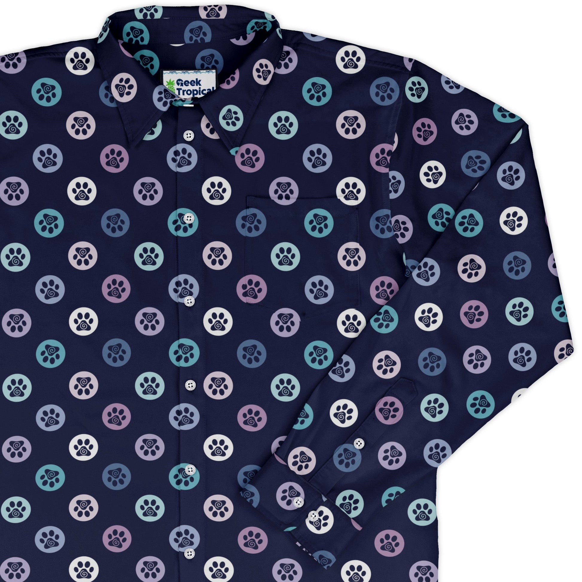 Paw Print Polka Dots Blue Long Sleeve Button Up Shirt cover