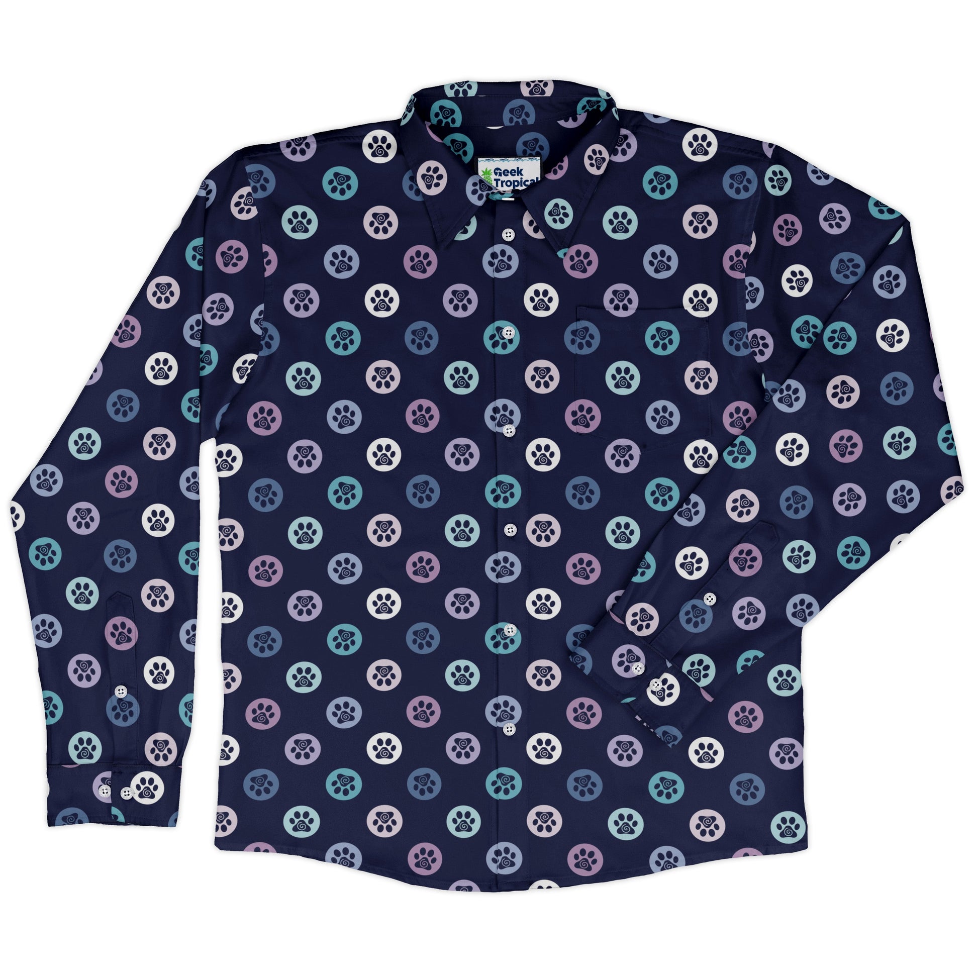Paw Print Polka Dots Blue Long Sleeve Button Up Shirt front