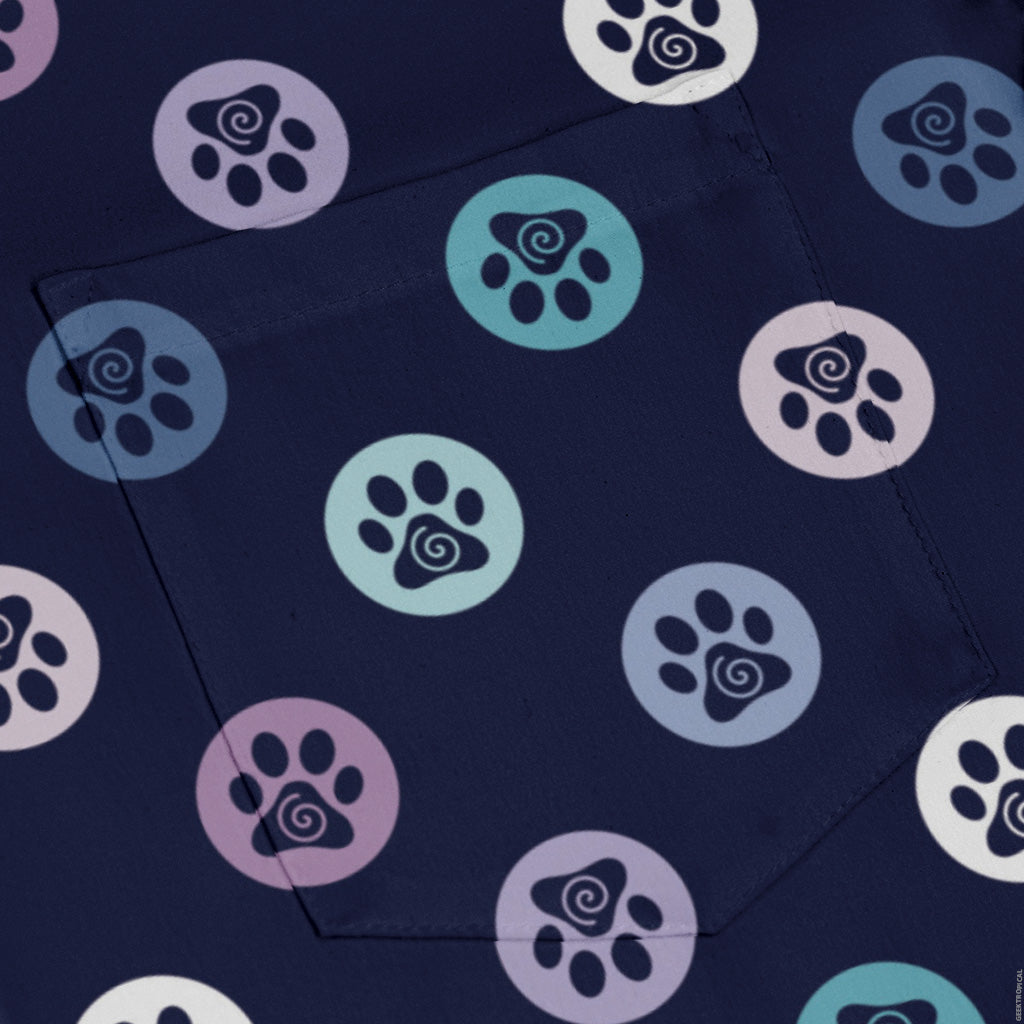 Paw Print Polka Dots Blue Long Sleeve Button Up Shirt pocket