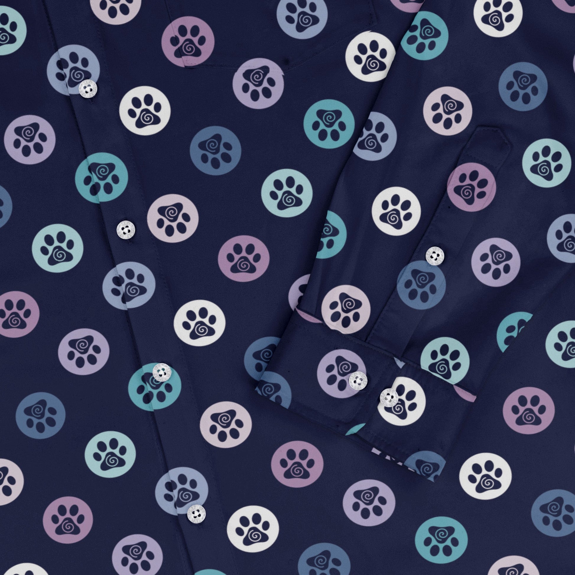 Paw Print Polka Dots Blue Long Sleeve Button Up Shirt sleeve close