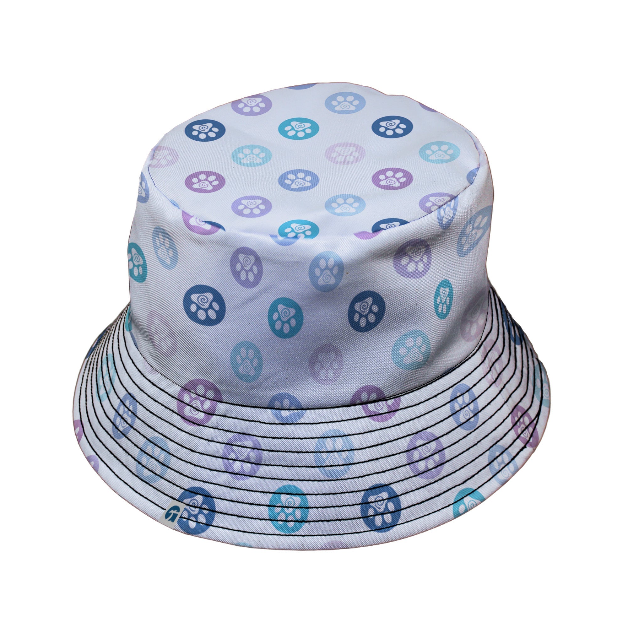 Paw Print Polka Dots White Bucket Hat Black Stitching