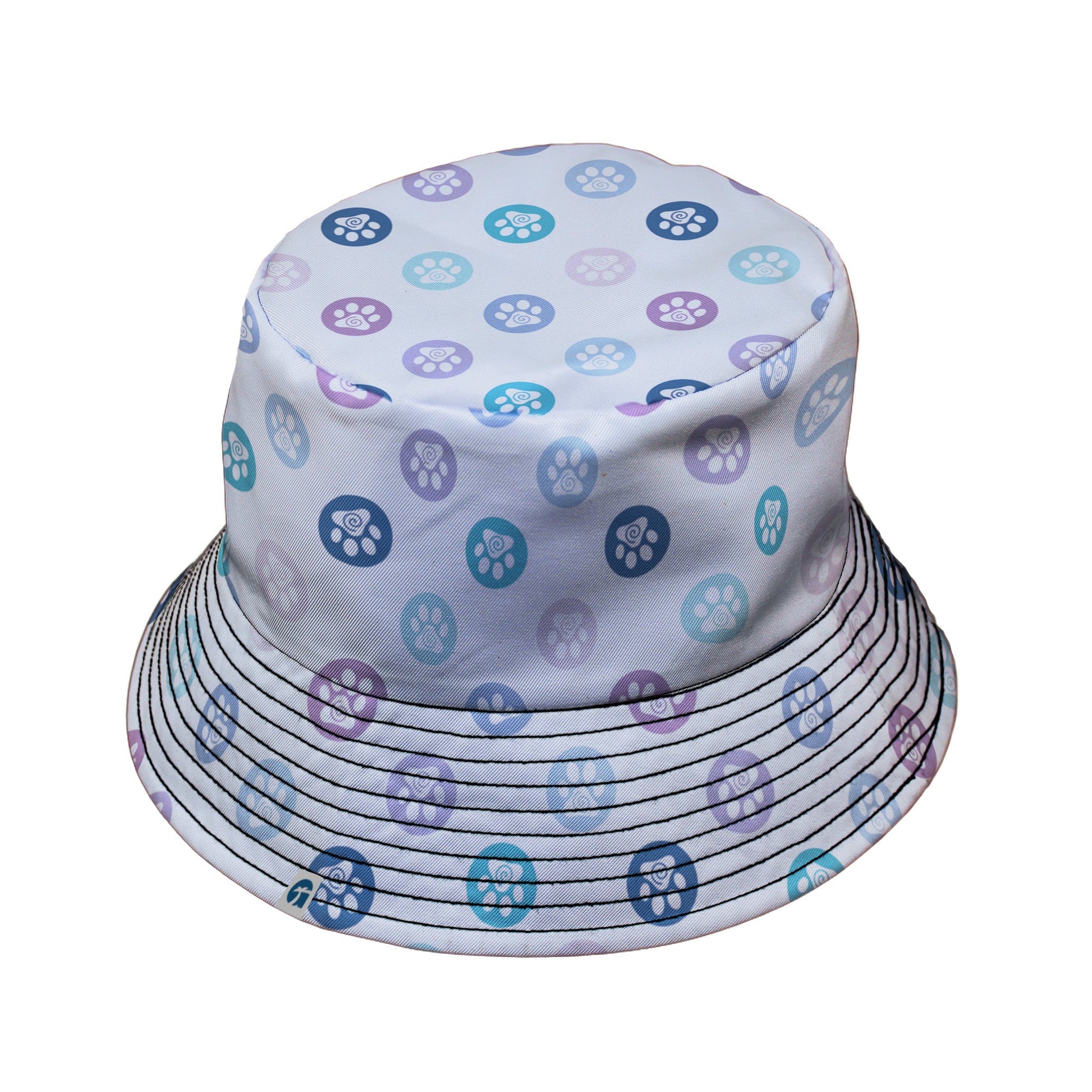 Paw Print Polka Dots White Bucket Hat Black Stitching
