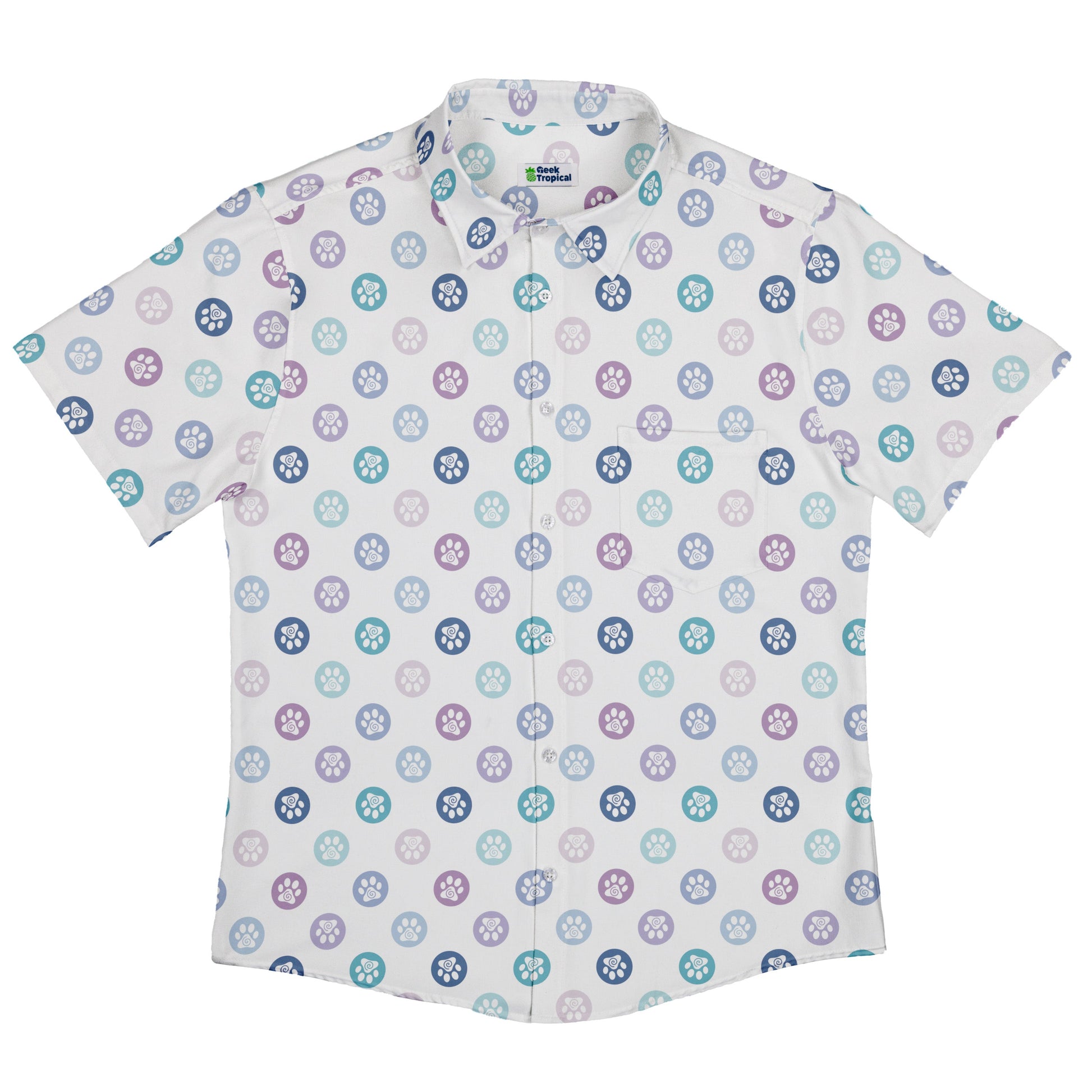 Paw Print Polka Dots White Button Up Shirt Flat Front