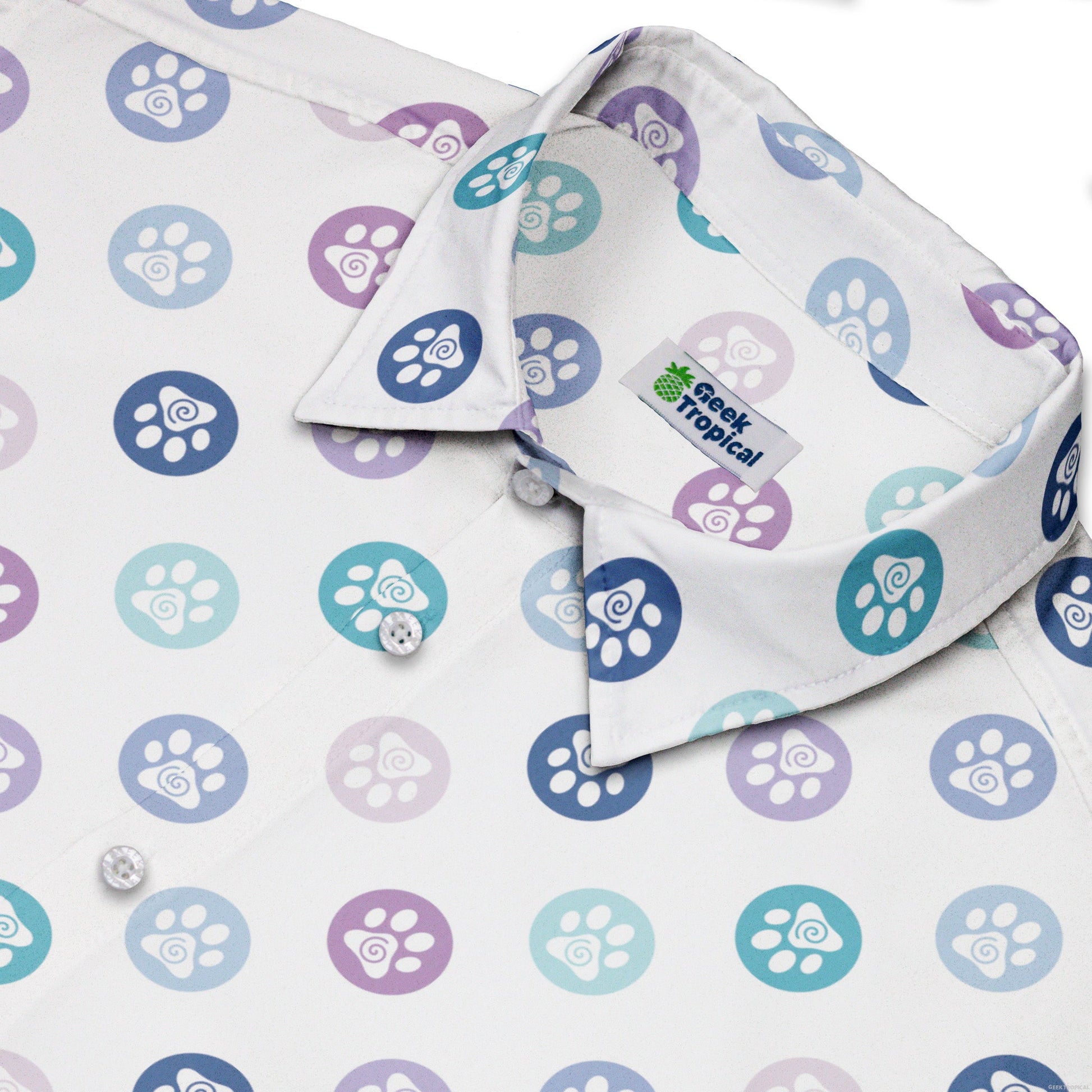 Paw Print Polka Dots White Button Up Shirt Neck