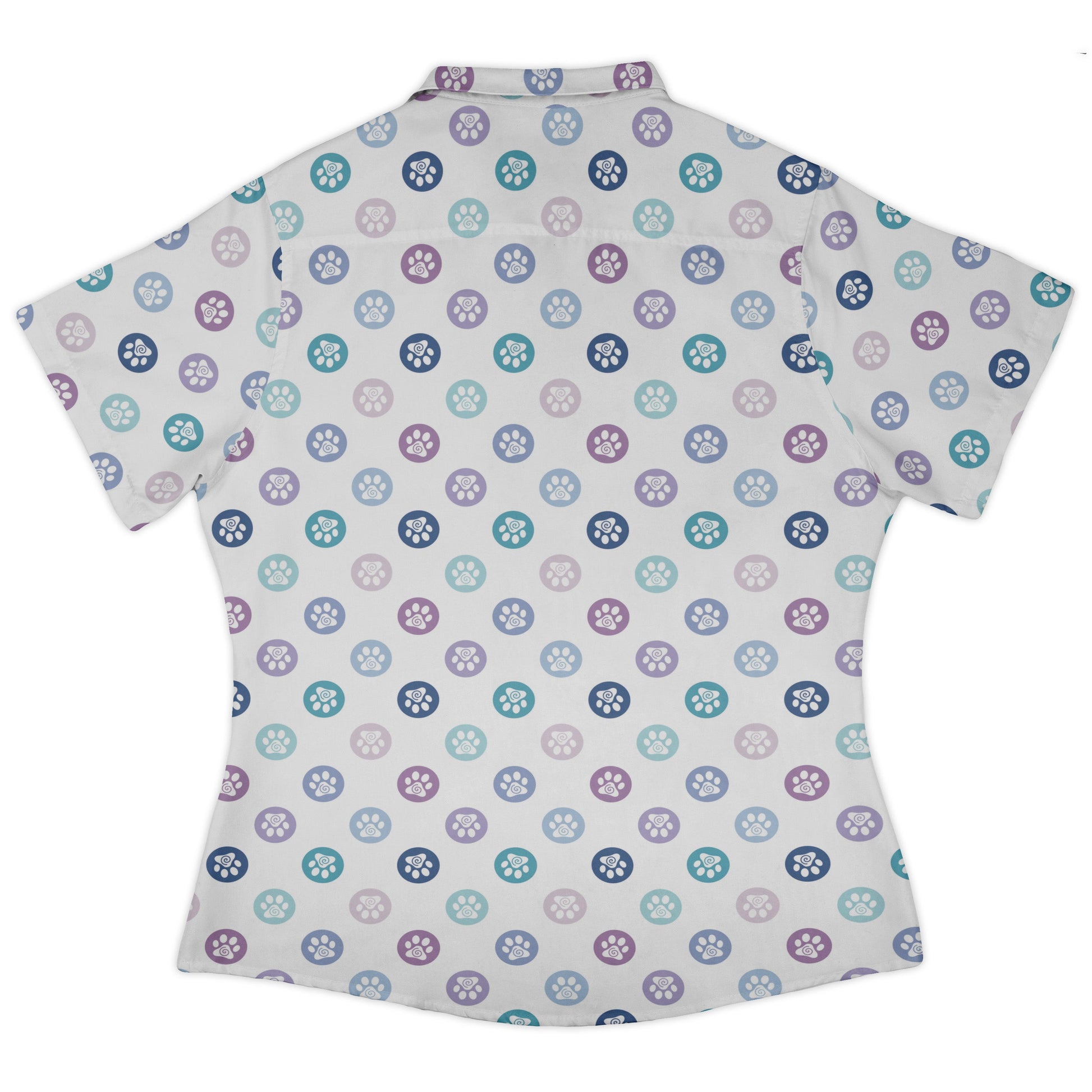 Paw Print Polka Dots White Curvy Button Up Shirt womens back