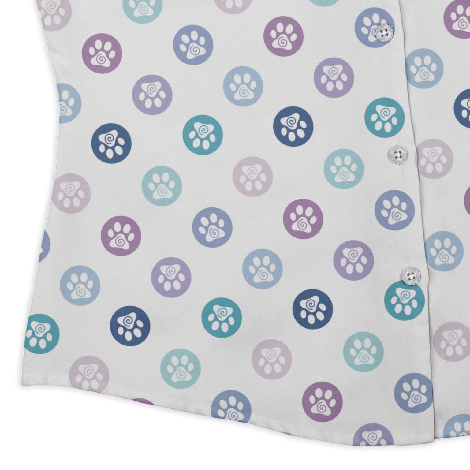 Paw Print Polka Dots White Curvy Button Up Shirt womens corner