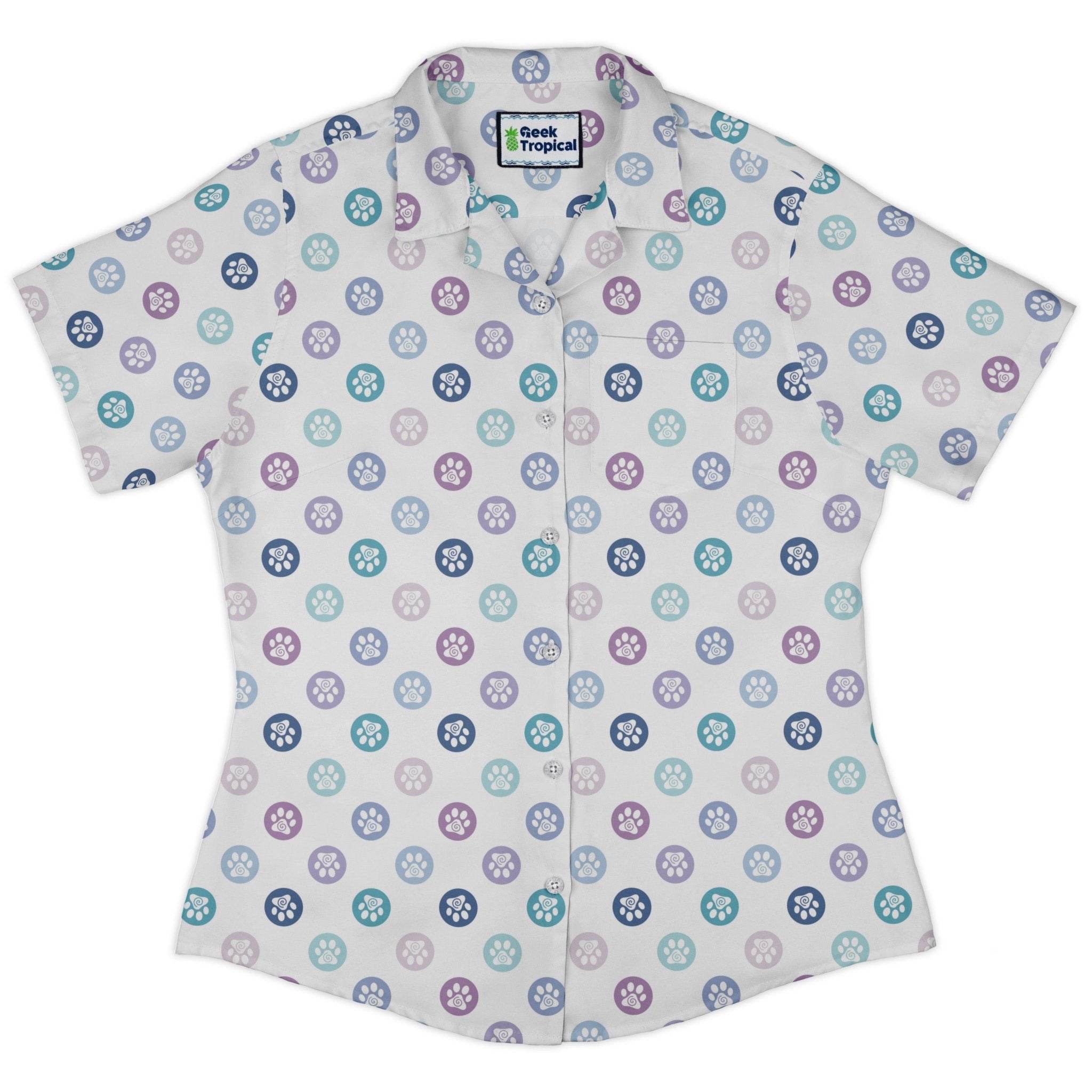 Paw Print Polka Dots White Curvy Button Up Shirt 2