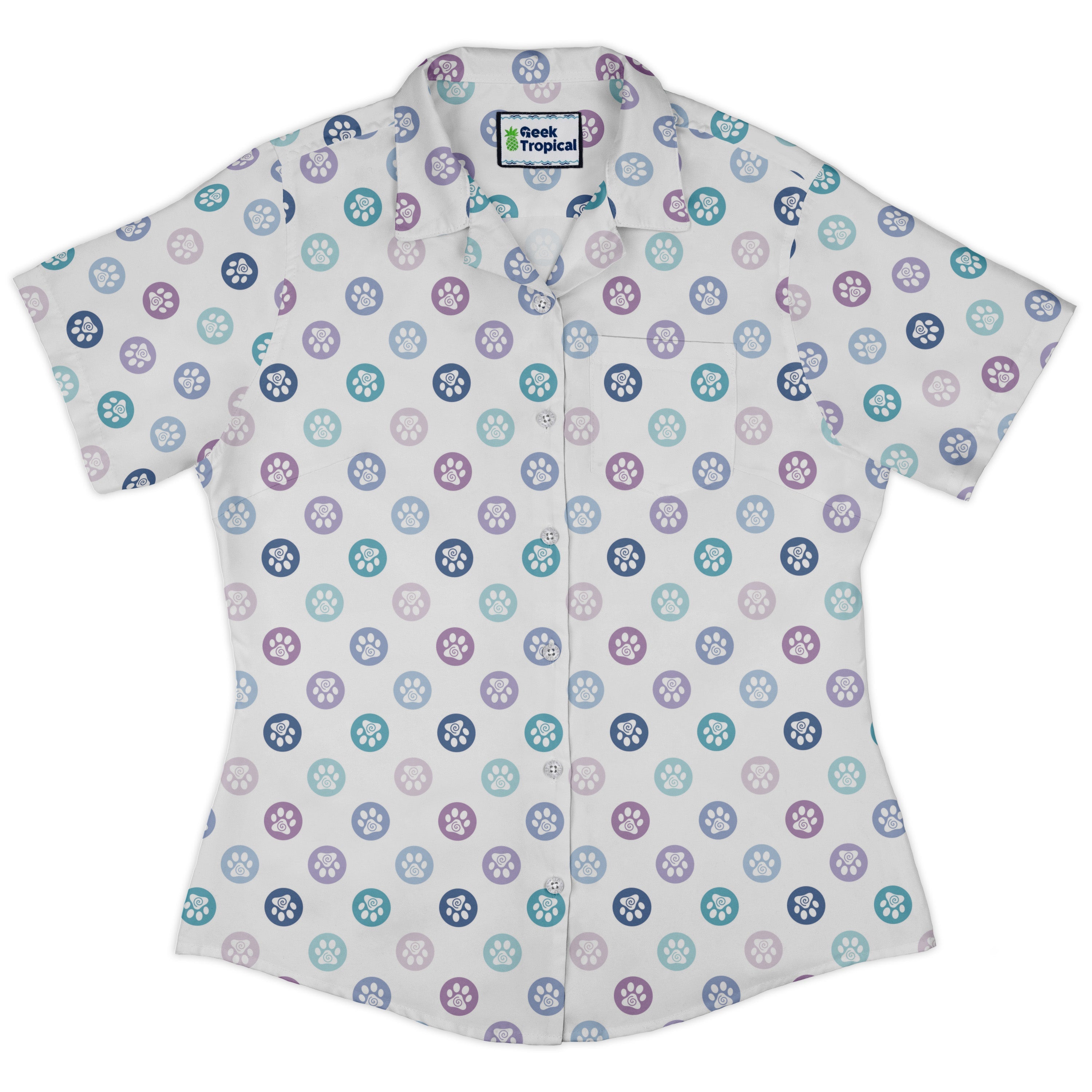 Paw Print Polka Dots White Curvy Button Up Shirt womens front